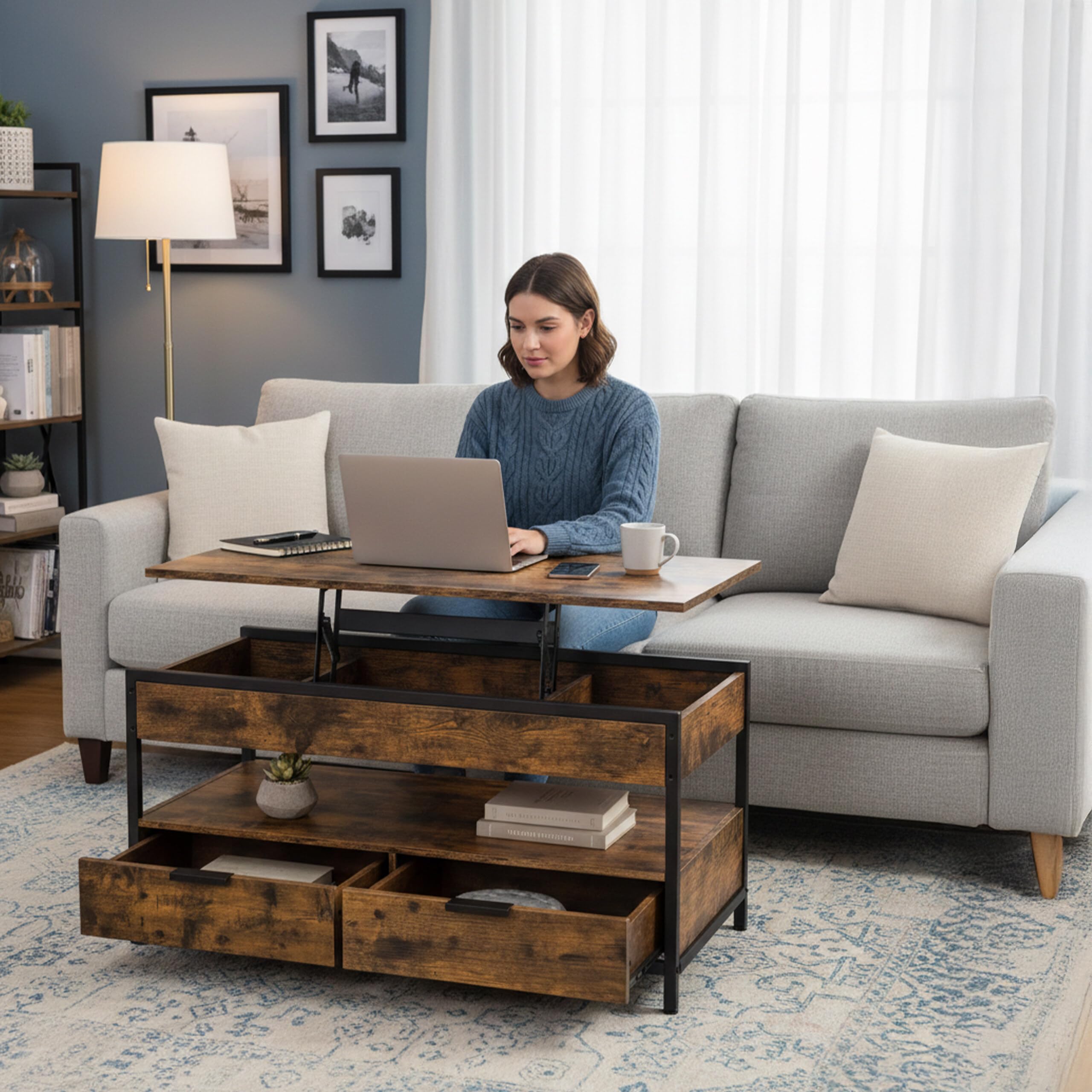 Relaxdays Tavolino, alzabile, 2 cassetti, 4 vani, HLP 48–63 x 100 x 50 cm, Industriale
