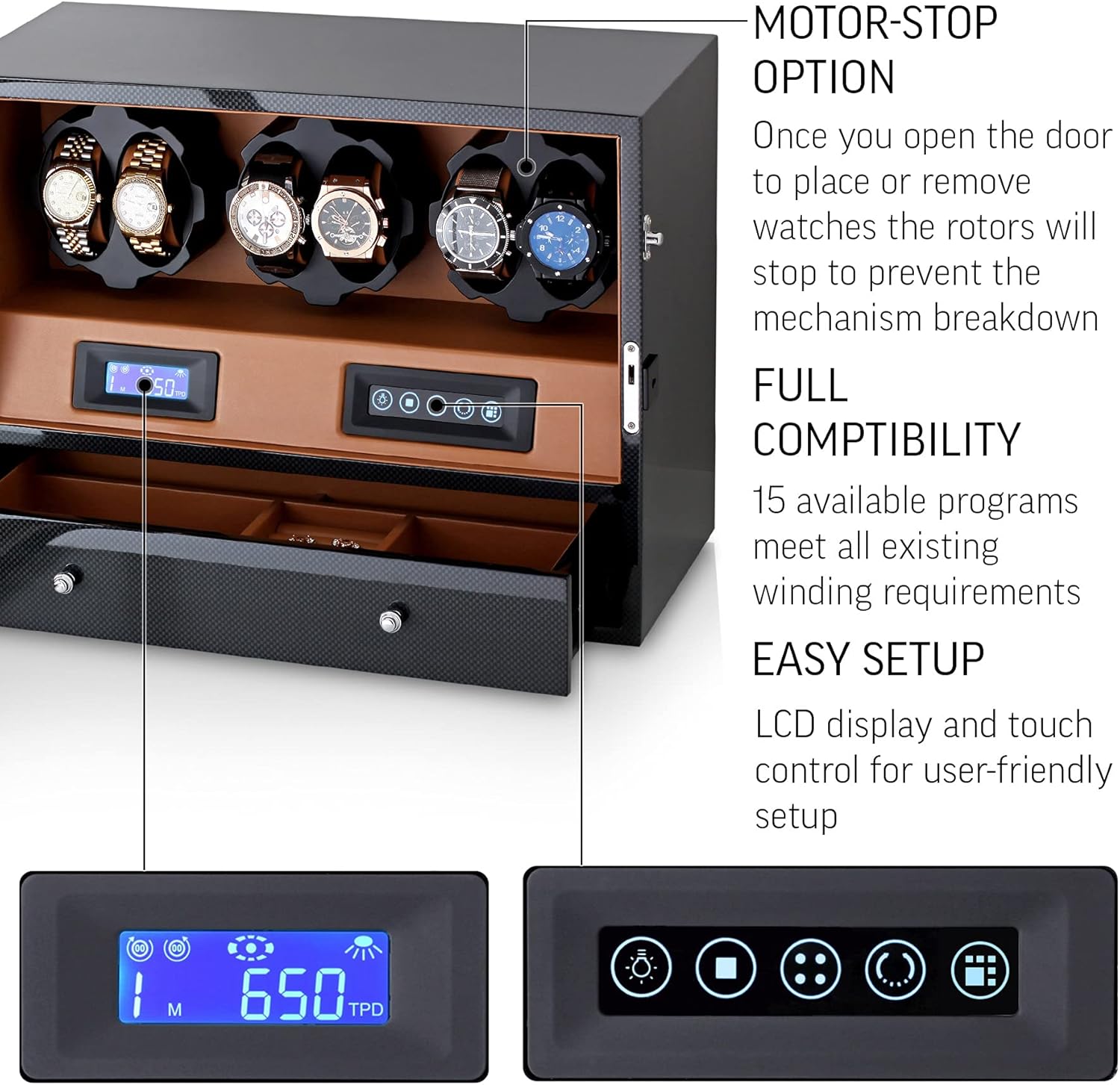 Automatic Watch Winder with 6 Storage Slots, LED Light and Automatic Motor-Stop Option