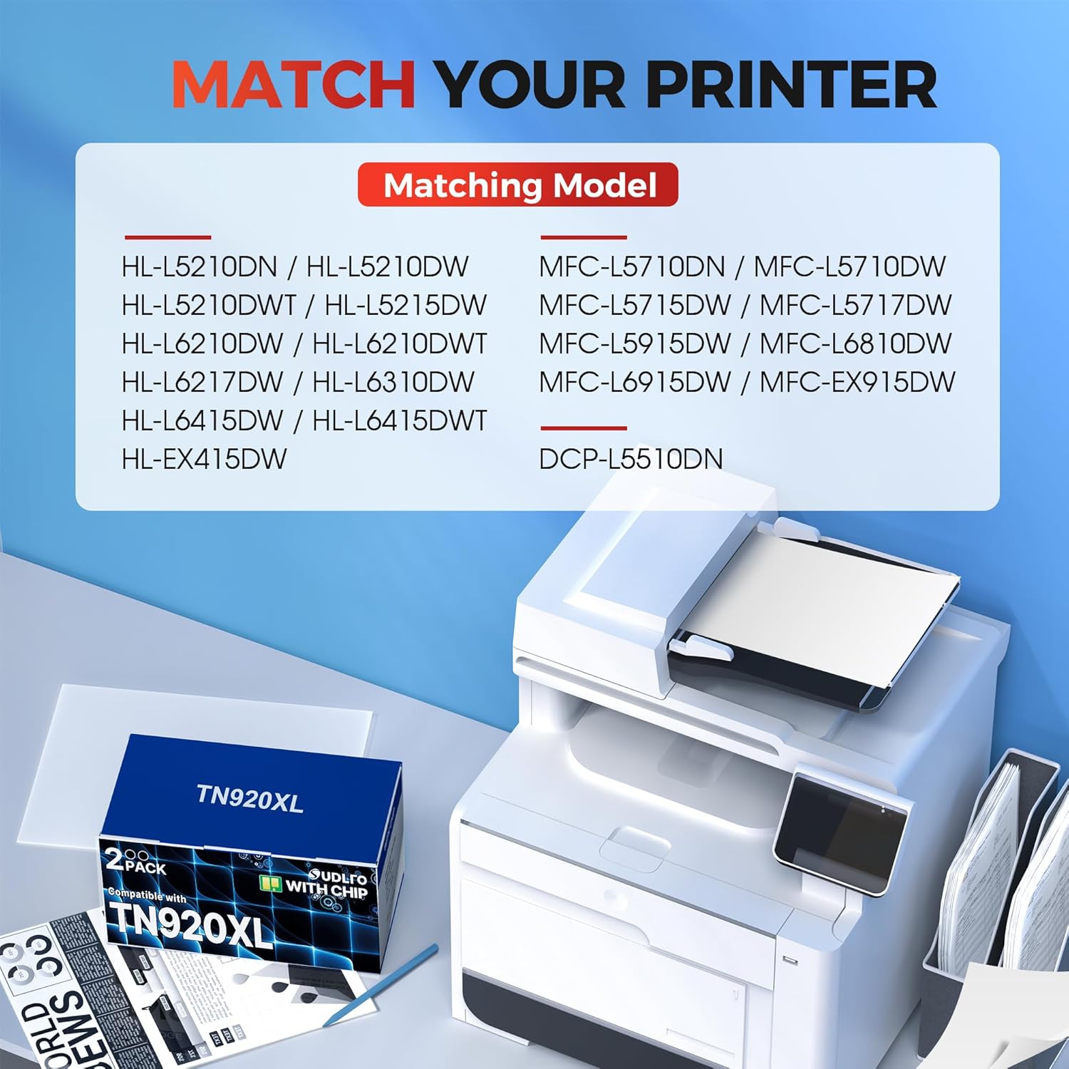 TN920XL Toner Cartridge Compatible for Brother TN920 TN920XXL TN920UXXL High-Yield Black Toner Replacement for HL-L6210DW HL-L6210DWT HL-L5210DW HL-L5210DN MFC-L5710DW Printer (2-Pack, with Chip)