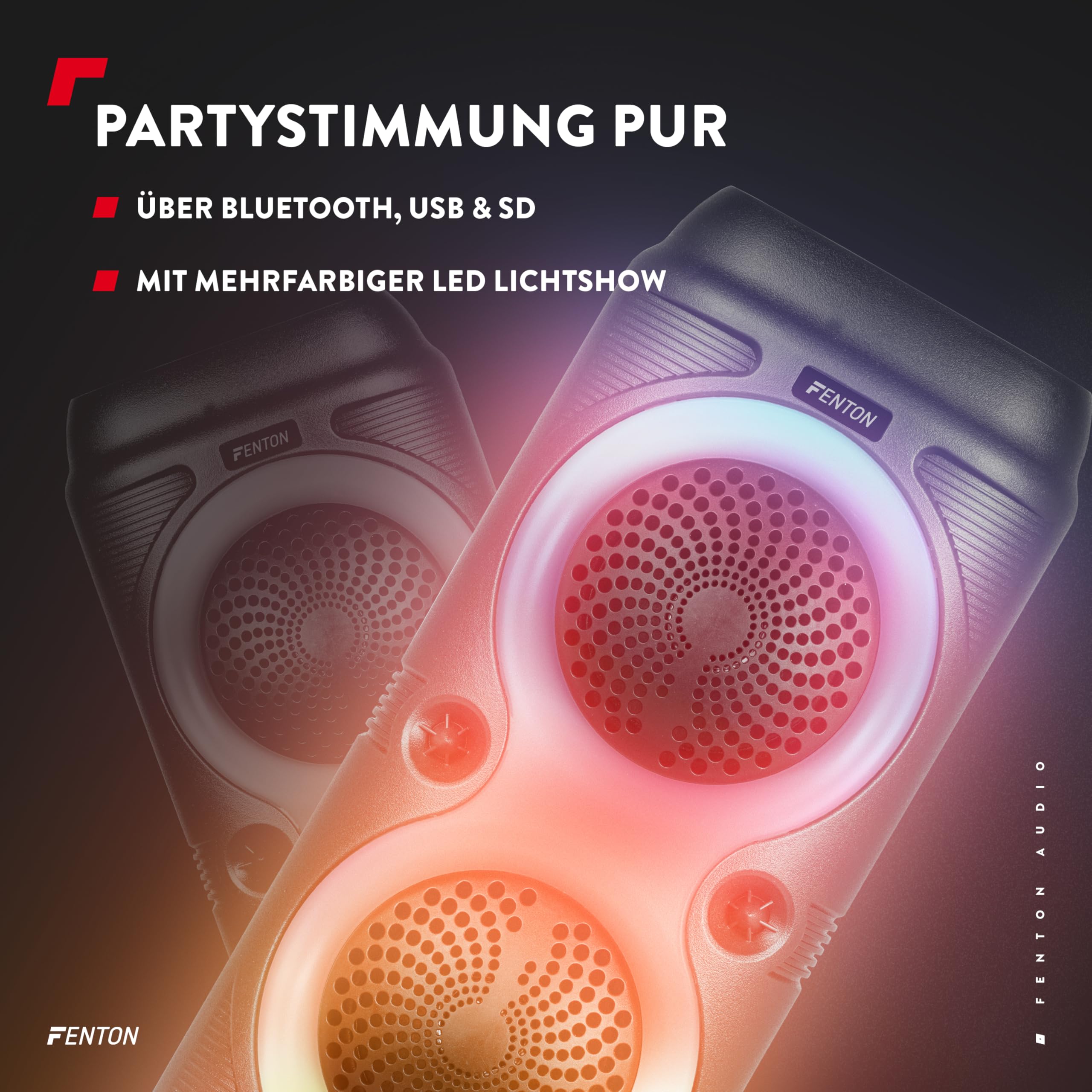 Fenton Track210 Bluetooth Lautsprecher – Party Musikbox 100 Watt mit LED Lichtshow, Akku 8 h, USB/microSD, Mikrofon Karaoke, Stereo-Paarung, tragbare PA Soundbox, Kabellose Partybox mit starkem Bass
