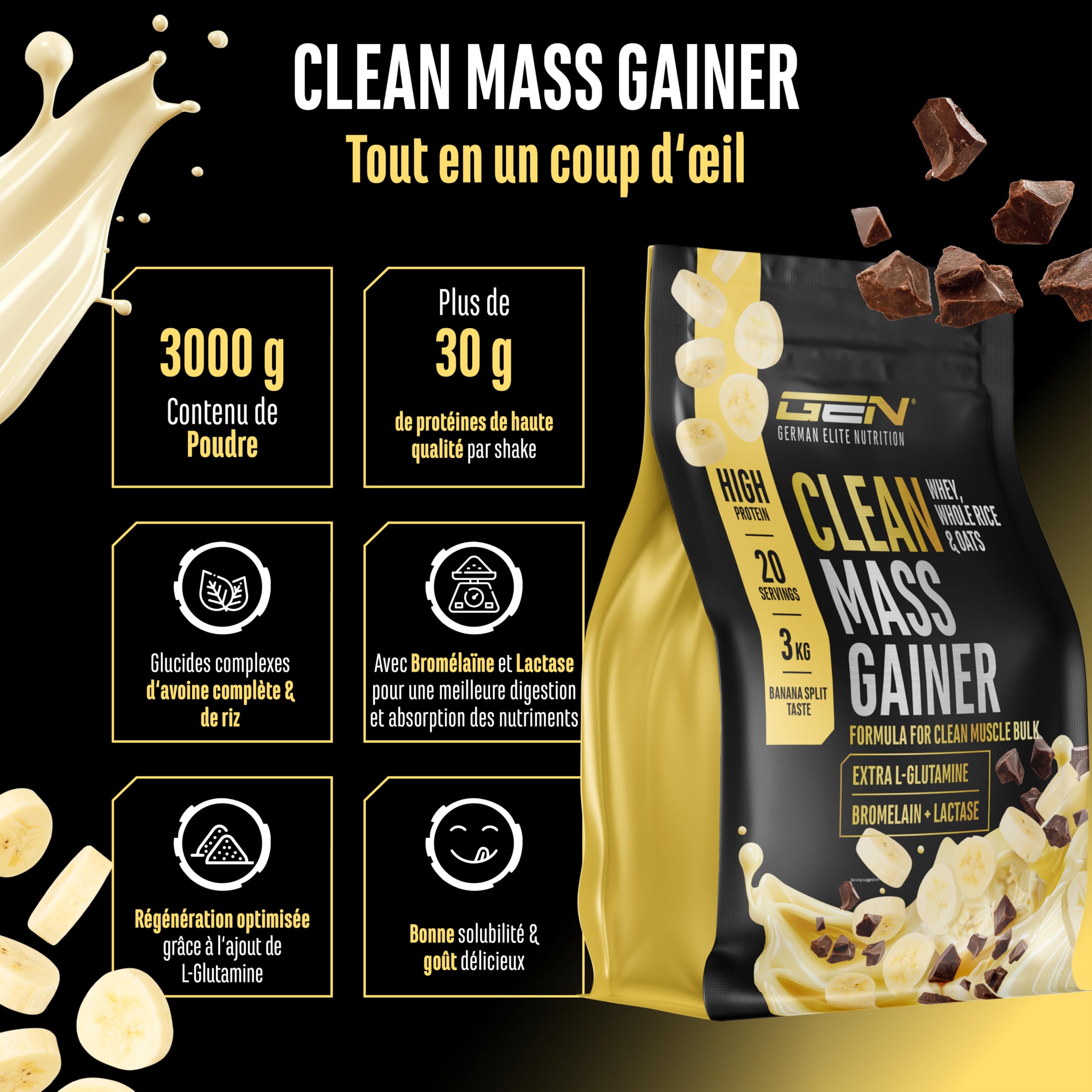 GEN GERMAN ELITE NUTRITION Clean Weight Gainer - 3 kg | Saveur Banana Split - Pour la Prise de Masse et de Poids - Glucides & Protéines - Végétarien