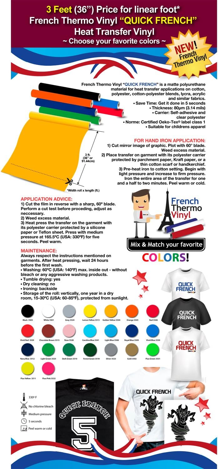 Gercutter´s Store: 3 Feet (36") Price for Linear Foot - French Thermo Vinyl “QUICK FRENCH” Heat Transfer Vinyl - Color: Golden Yellow (on Cotton or Polyester Mesh and Poly-Blend Fabrics)