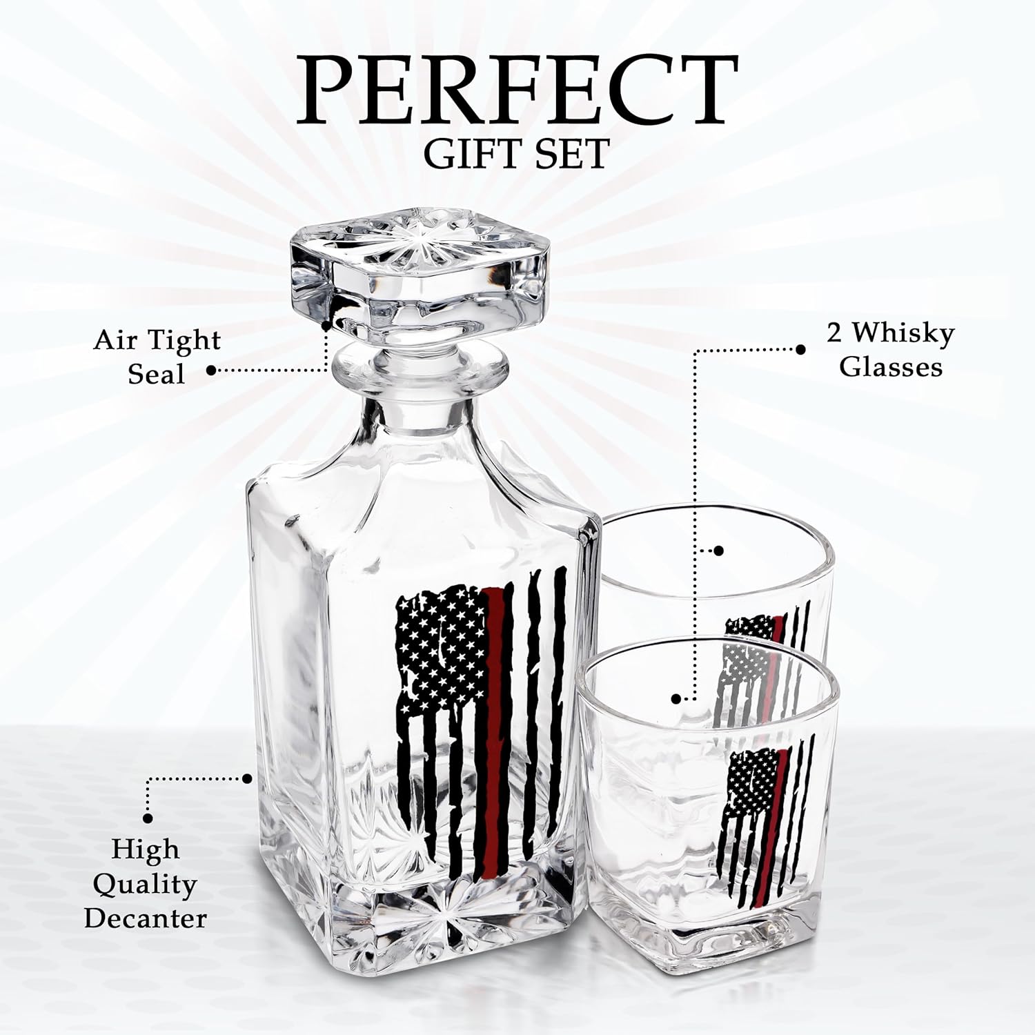 Rogue River Tactical Thin Red Line Tattered Worn American Flag USA Whiskey Decanter Gift Set With Airtight Glass Stopper Custom Gift For Firefighter Fire Department FD - Image 8