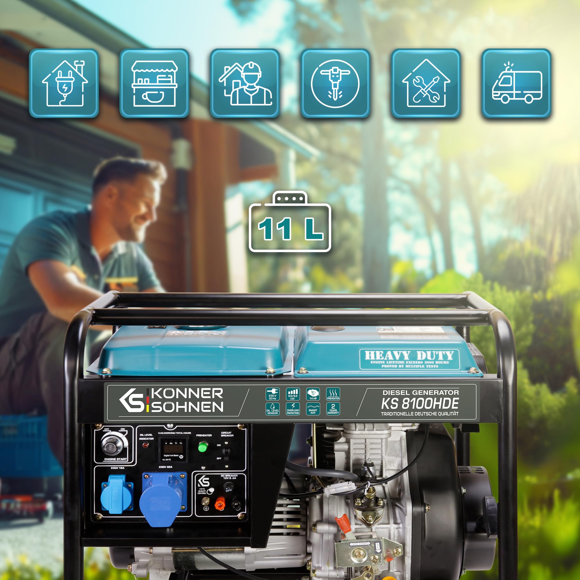 Könner & Söhnen Diesel Generator KS 8100HDE – 14 PS, 230V, Mit E-Starter, Vorwärmer, LED-Anzeige, Für Notstrom & Baustelle