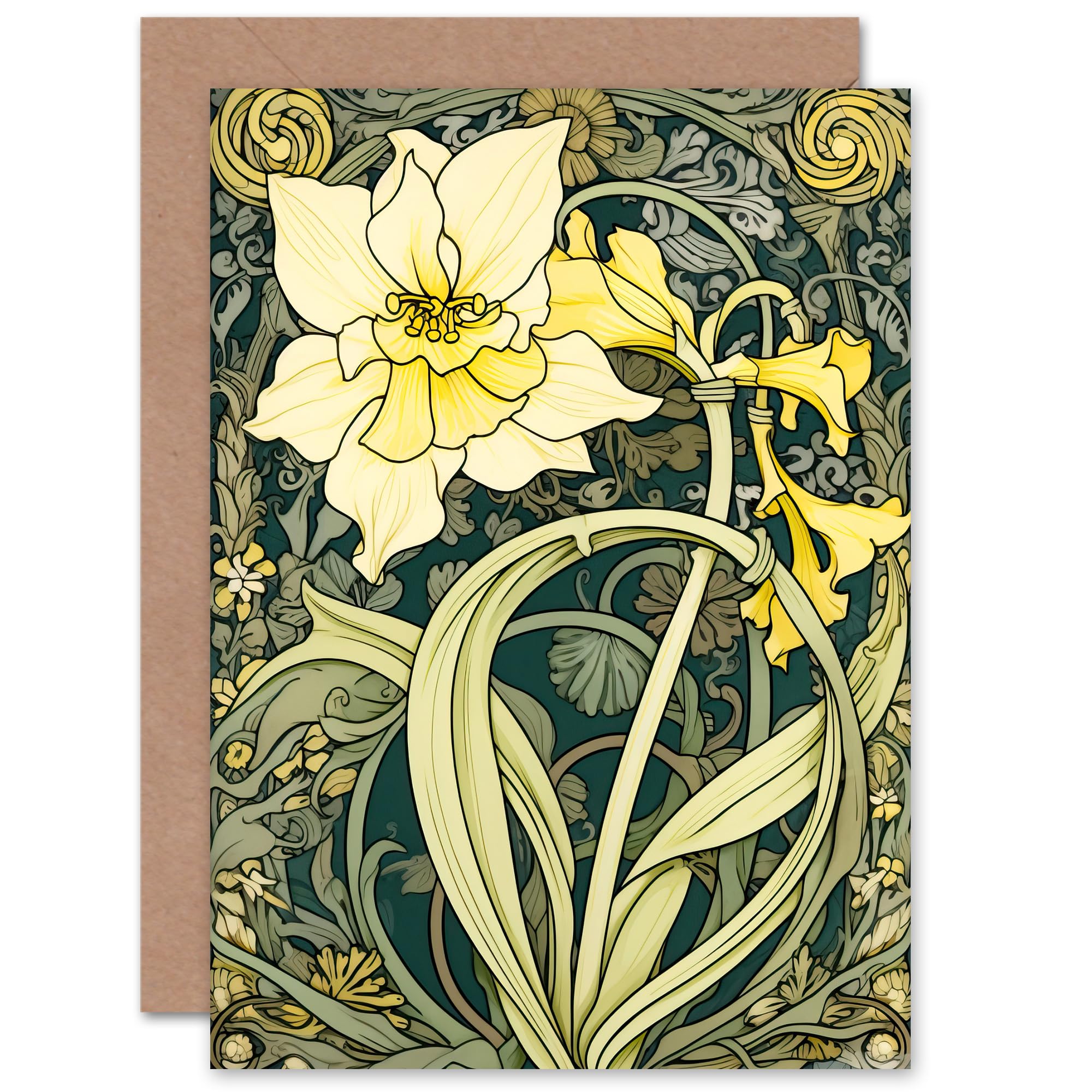 Artery8 Yellow Daffodil Flower Art Nouveau for Wife Her Mum Sister Daughter Mom Gran Nan Birthday Thank You Congratulations Blank Art Greeting Card