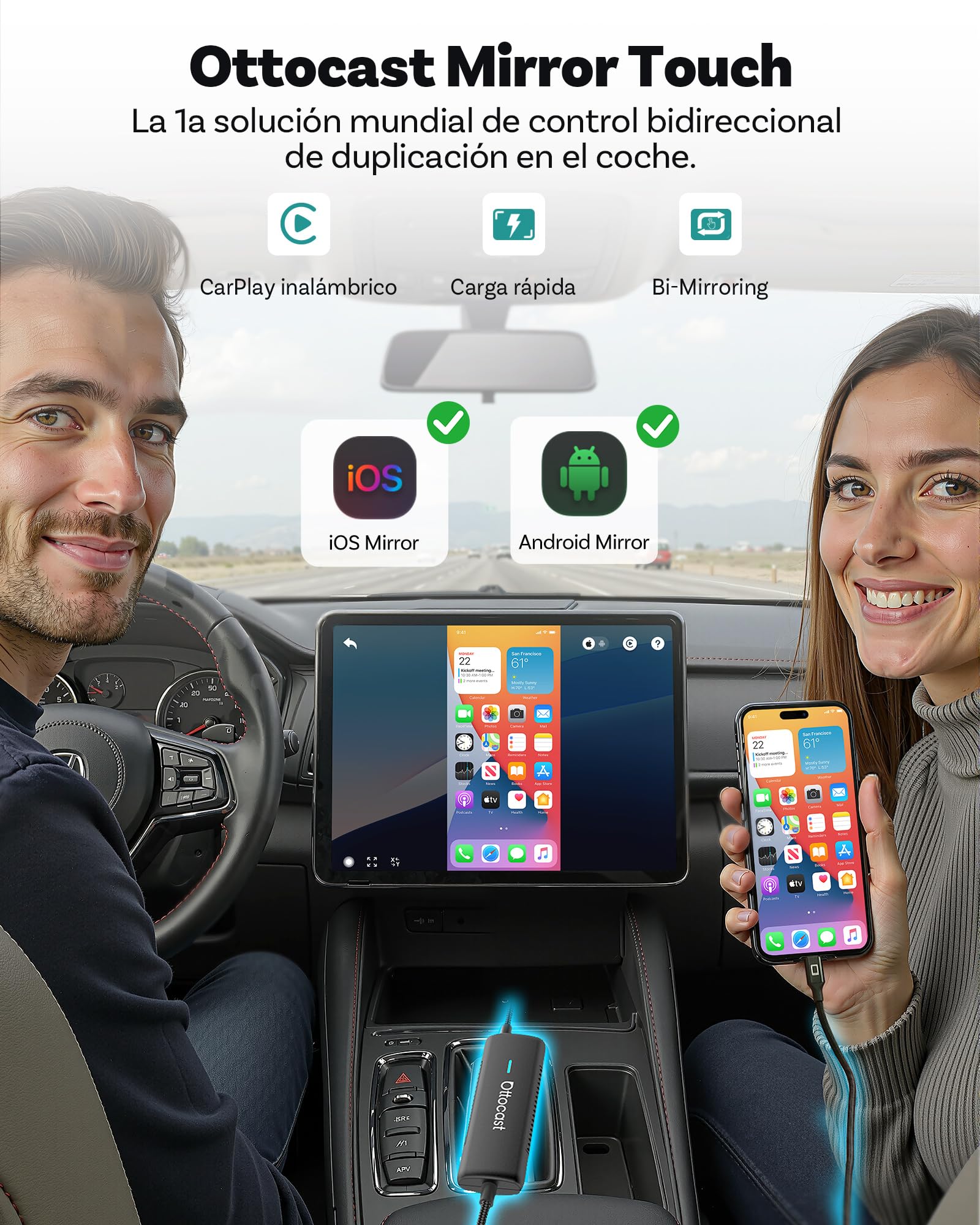 Ottocast Mirror Touch 2025 – Adaptador CarPlay inalámbrico con Espejo bidireccional y Control táctil – para Coches con CarPlay por Cable – Ver Netflix, TikTok, Youtube – Plug & Play