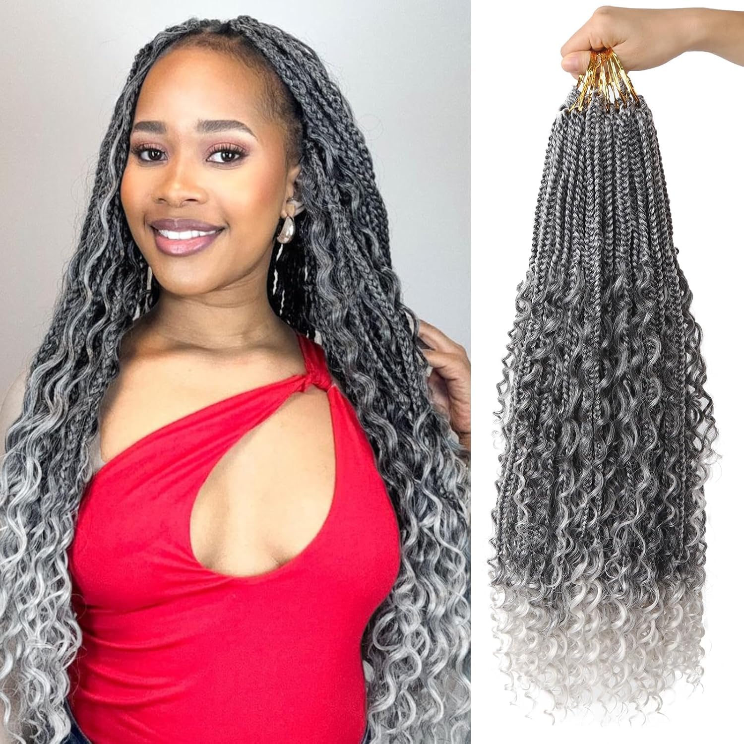 Boho goddess braids extensions hair for Black Women 22 Inch 8 Packs Bohemian Crochet Braids Hair Extensions with Curly Ends Boho Box Braids Crochet Hair (T-silvery-grey