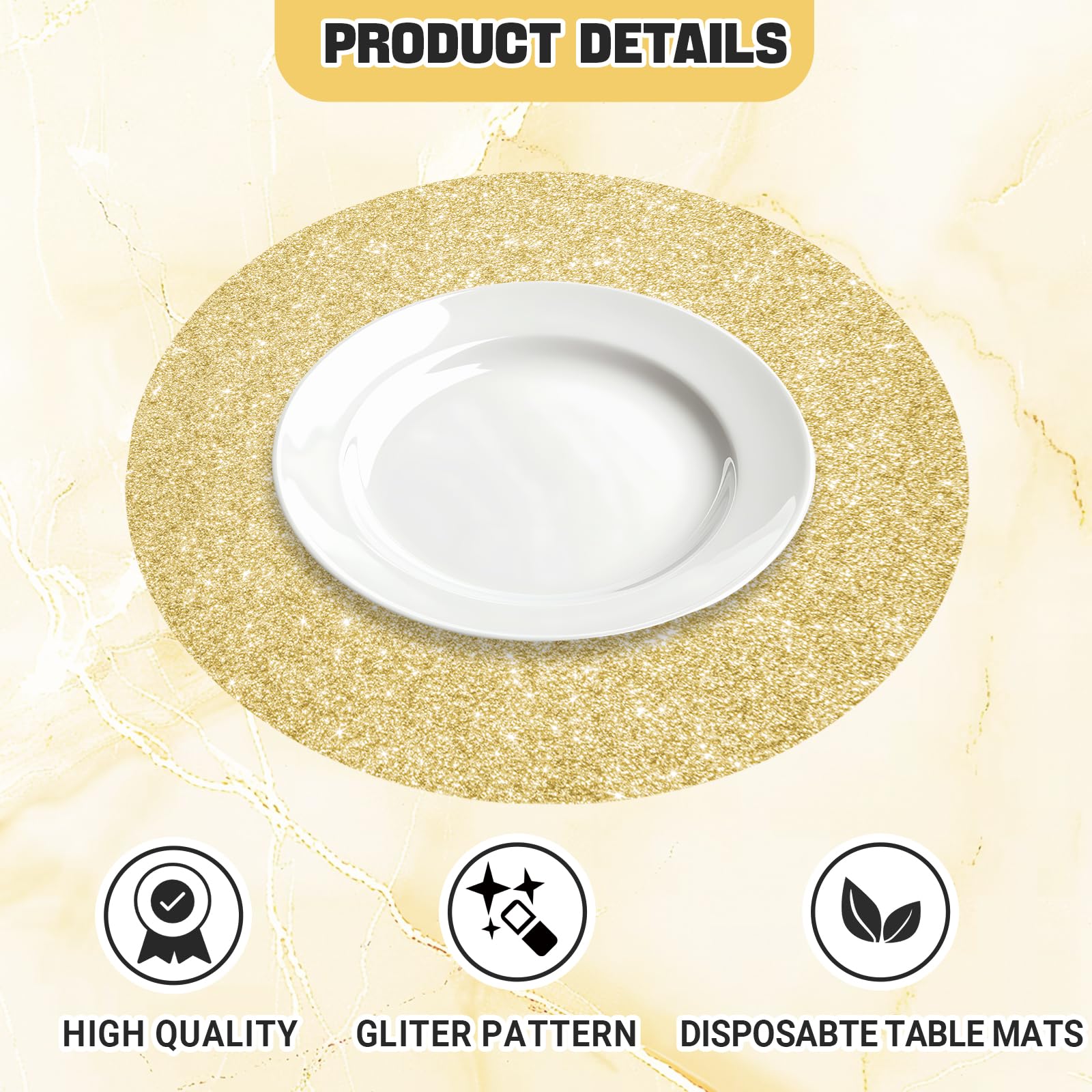 100 manteles individuales desechables de color dorado claro, manteles individuales redondos brillantes de 13.5 pulgadas, para baby showers, fiestas de boda, fiestas de té nupcial, banquetes