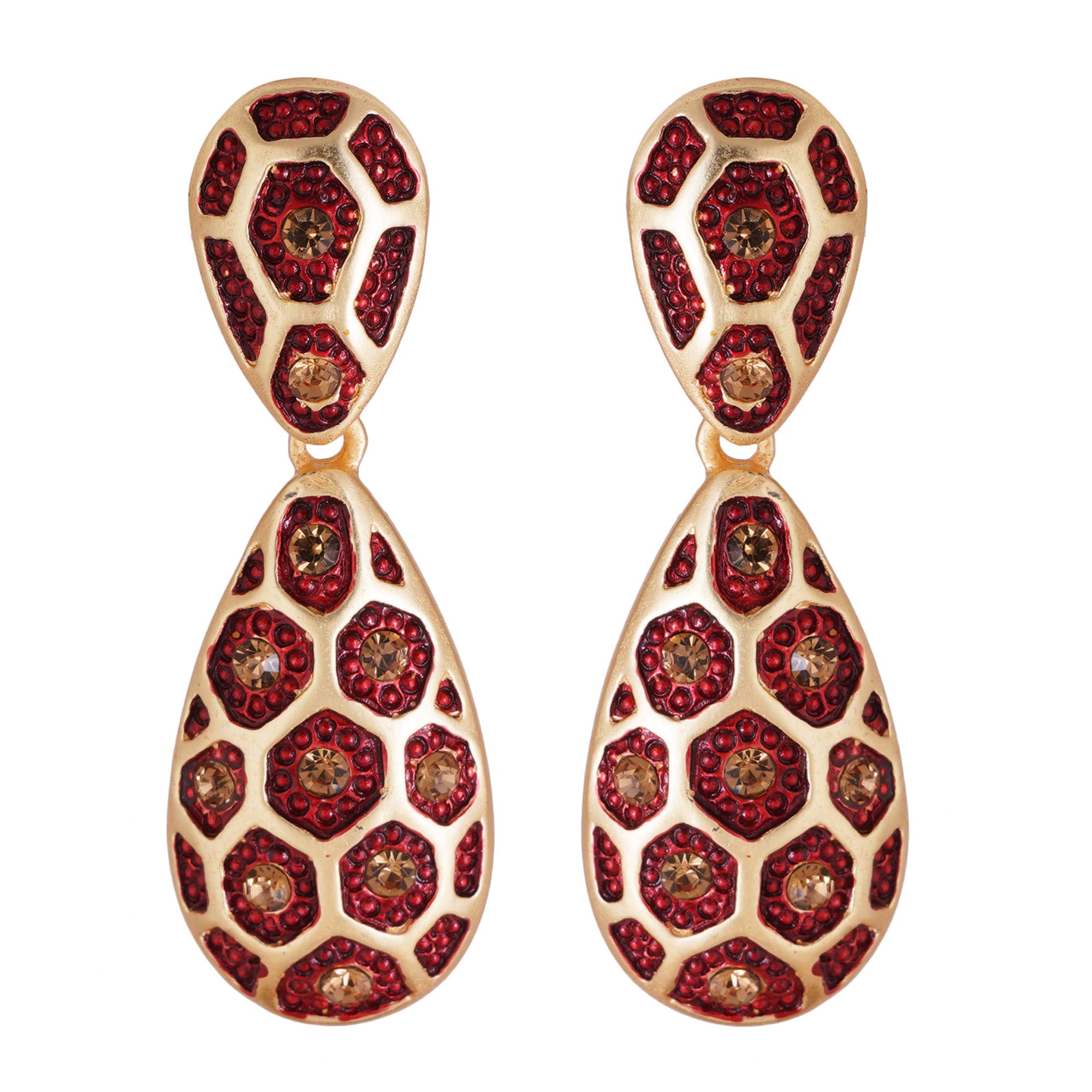 SUNDARA Honeycomb Design Dangle Hanging Earring for Women - Stylish Maroon Enamel Drop & Dangler Long Earrings, Gold Plated with Fancy AD/CZ Stones - Perfect for Western Fashion (B0BVHRRFGD) Amazon Price History, Amazon Price Tracker