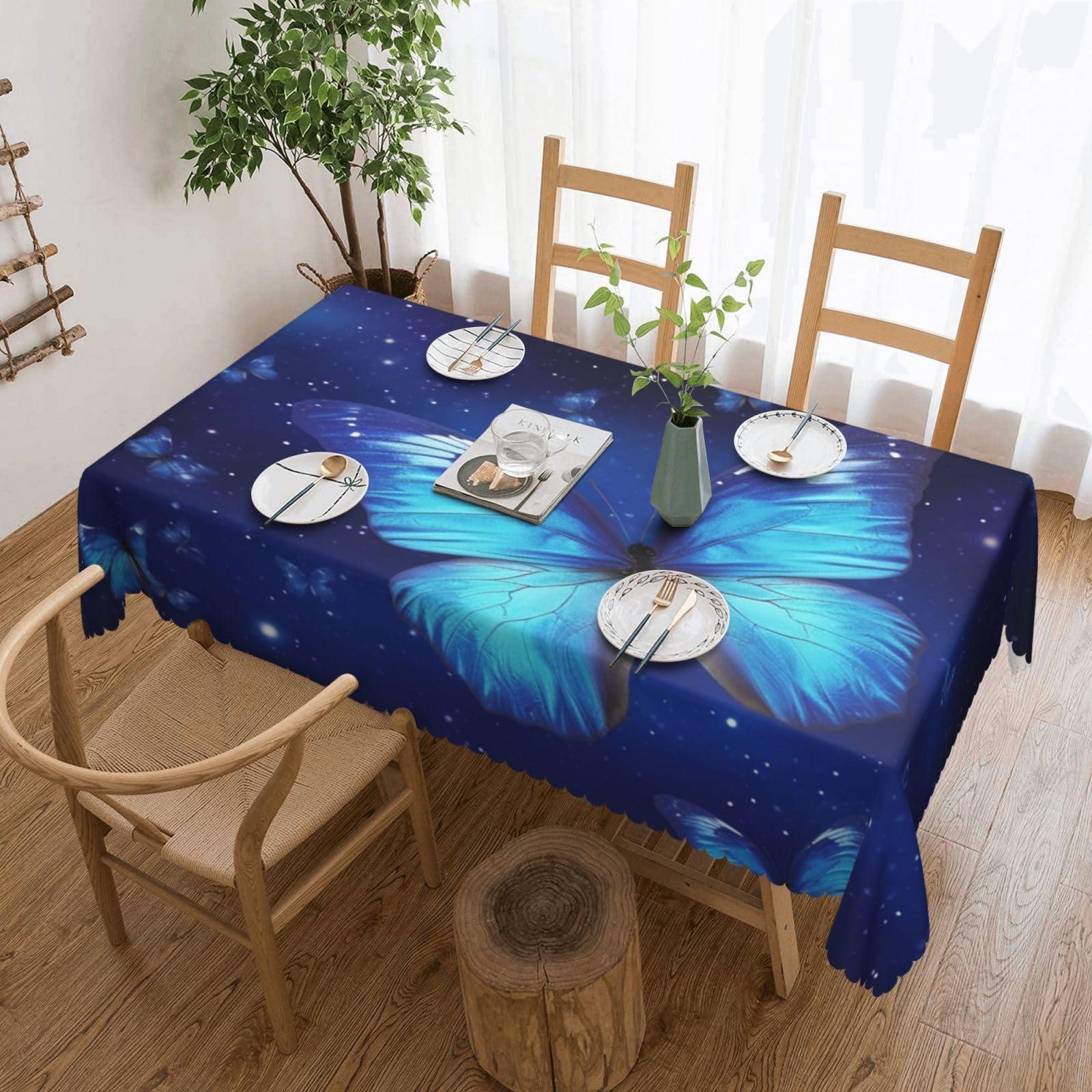 Nappe rectangulaire imperméable bleue motif papillon étoilé pour table 137x183 cm