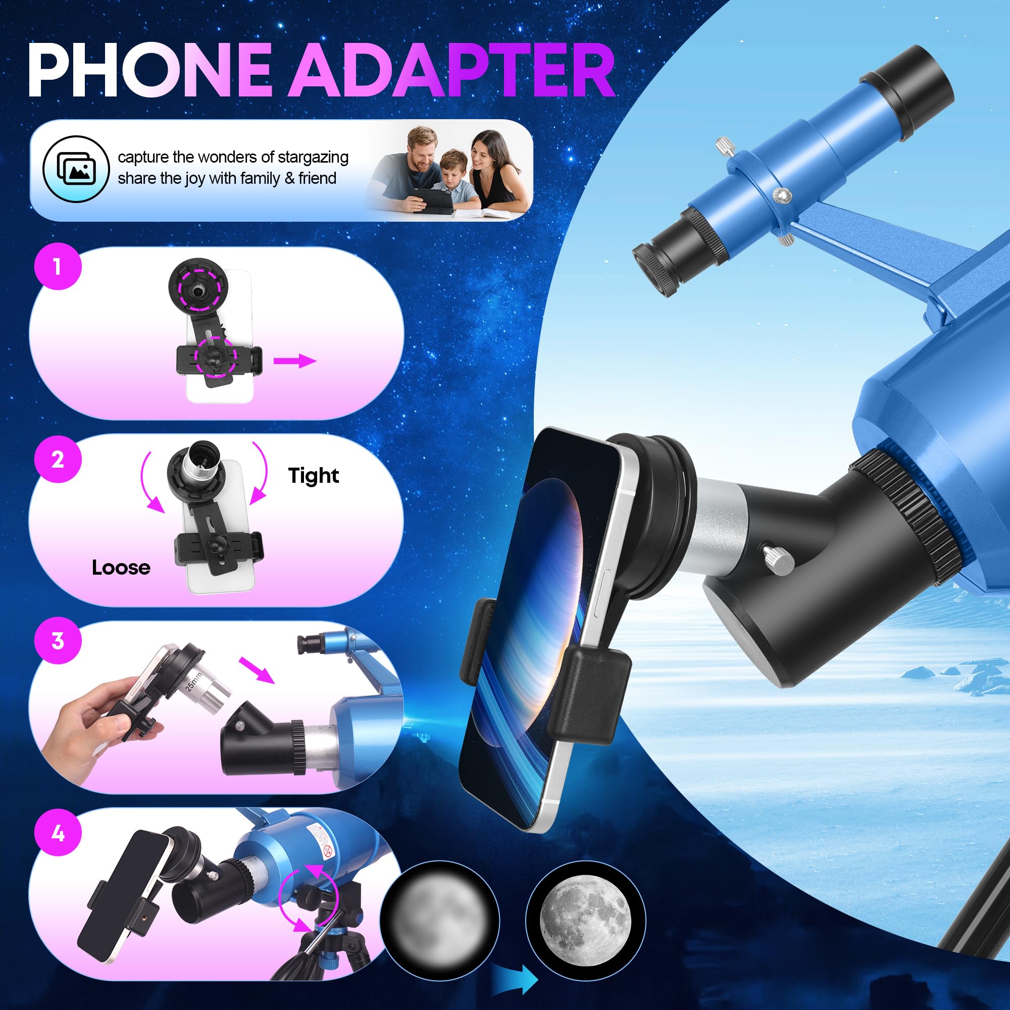 UncleHu Telescopio Astronomico Per Adulti E Bambini Principianti, 22X-165X, Telescopio Riffrattore Astronomico 90/550mm Con Sgabello Pieghevole&Treppiede&Adattatore Per Smartphone E Borsa Da Trasporto