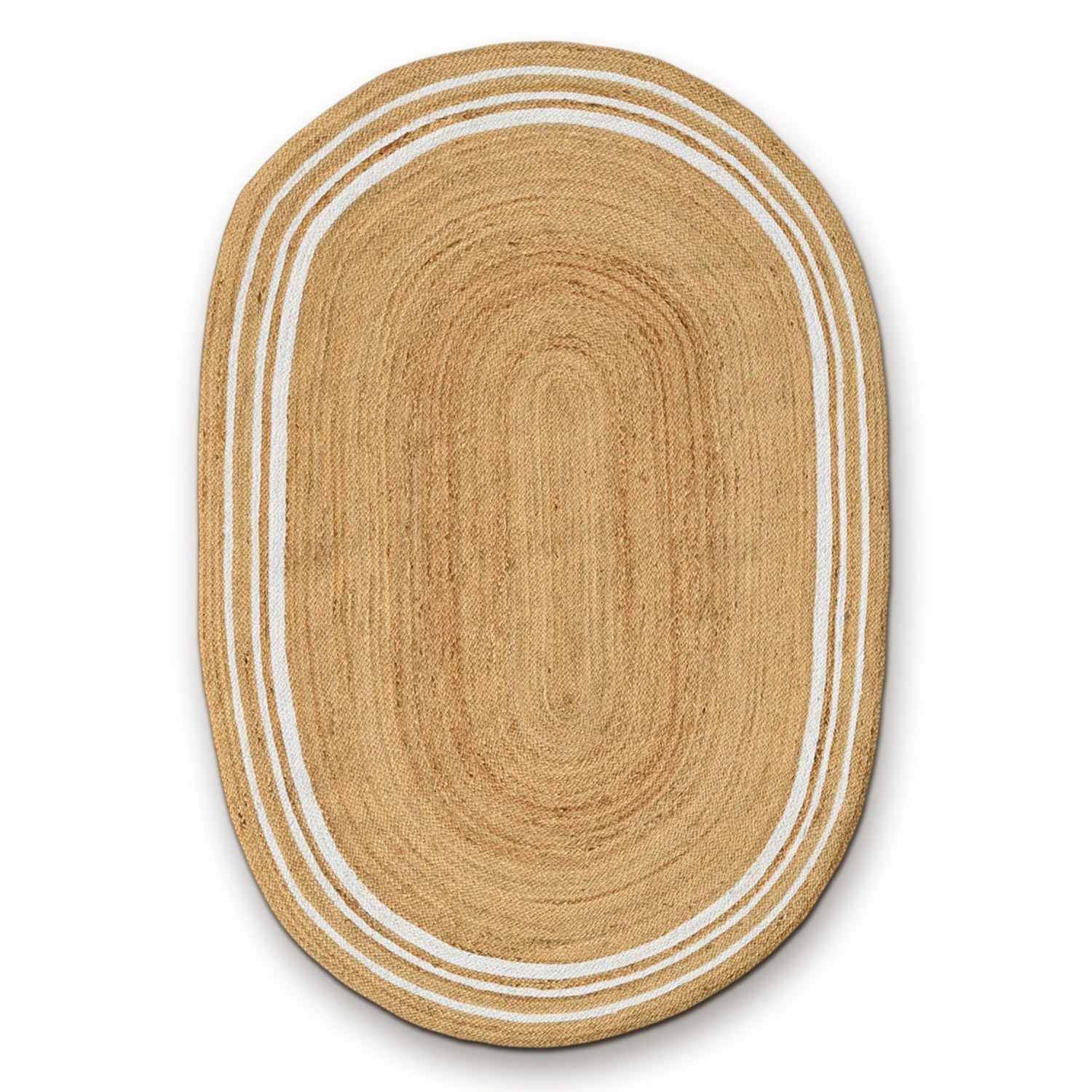 HANIESTA Soft Horizon Jute Rug Oval 160x230 cm, Handmade 100% Natural Jute Woven Rug, Nature/White Low-Pile Area Rug for Living Room, Bedroom, Hallway & Entryway — image 1