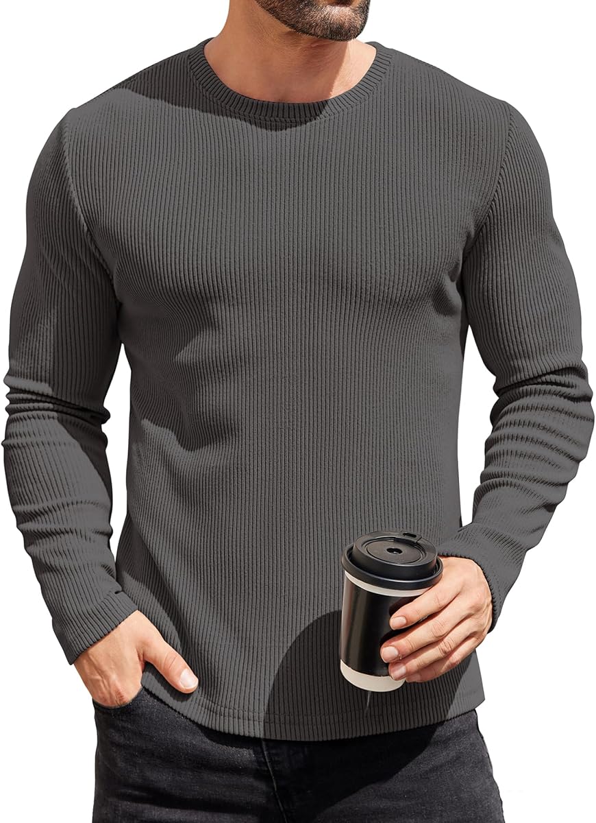 COOFANDY Camisas de manga larga para hombre Camiseta térmica Slim Fit Suéter de cuello redondo Camisa de punto