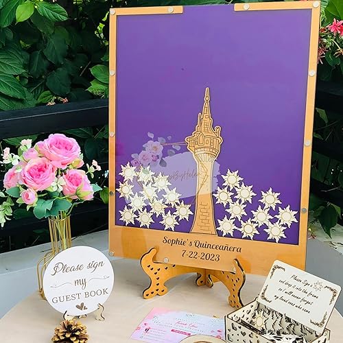 Purple Princess Tower Guest Book Quinceanera, Fairy Decoration Theme for Birthday Party with Sun shaped Drop Box - Personalized Enchanted Fairytale