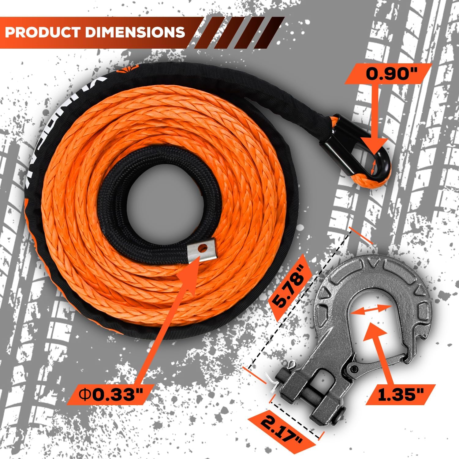 Synthetic Winch Rope Kit, 1/2" x85 ft 32500LBS Winch Cable Replace Kit, with Protective Sleeve, Heavy Duty Hook, Safety Pull Strap for Off-Road 4x4 Vehicles SUV Jeep(Orange)