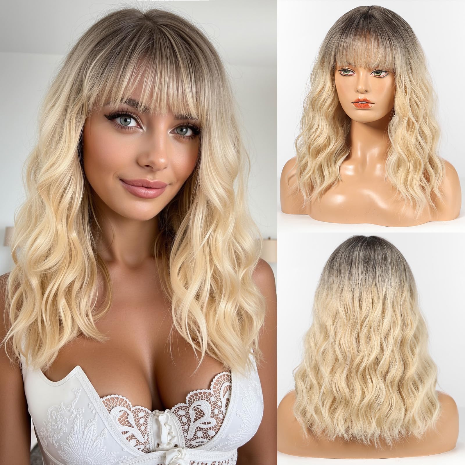 WOKESTAR Bob Wigs With Neat Fringe, Wavy Synthetic Wigs for Women Light Blonde with Highlights Color, Medium