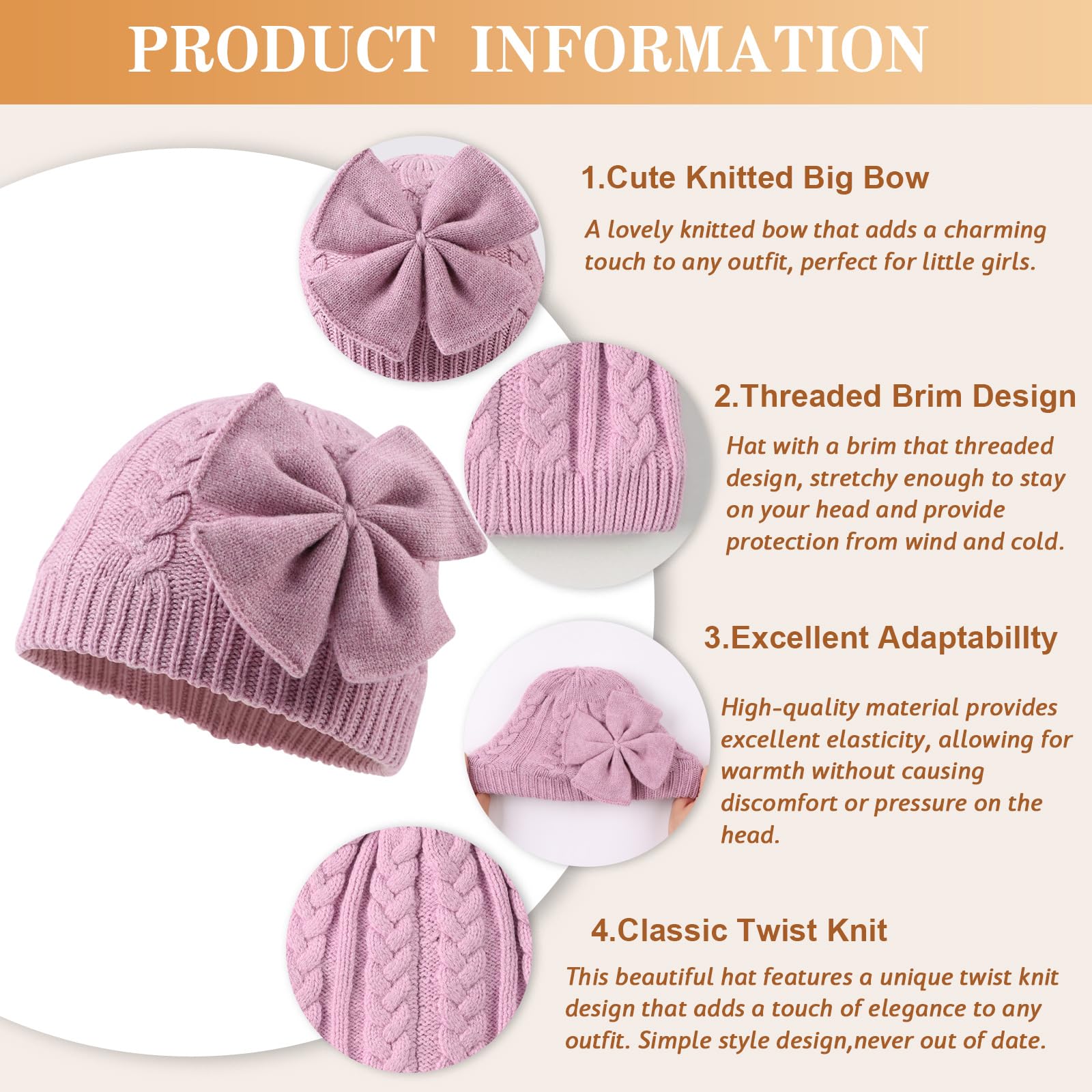XIAOHAWANG Cappello Invernale per Bambina Nodo Rosa Cappello Bianco Grigio Lavorato a Maglia per Bambini Copriorecchie da 0-6 Anni