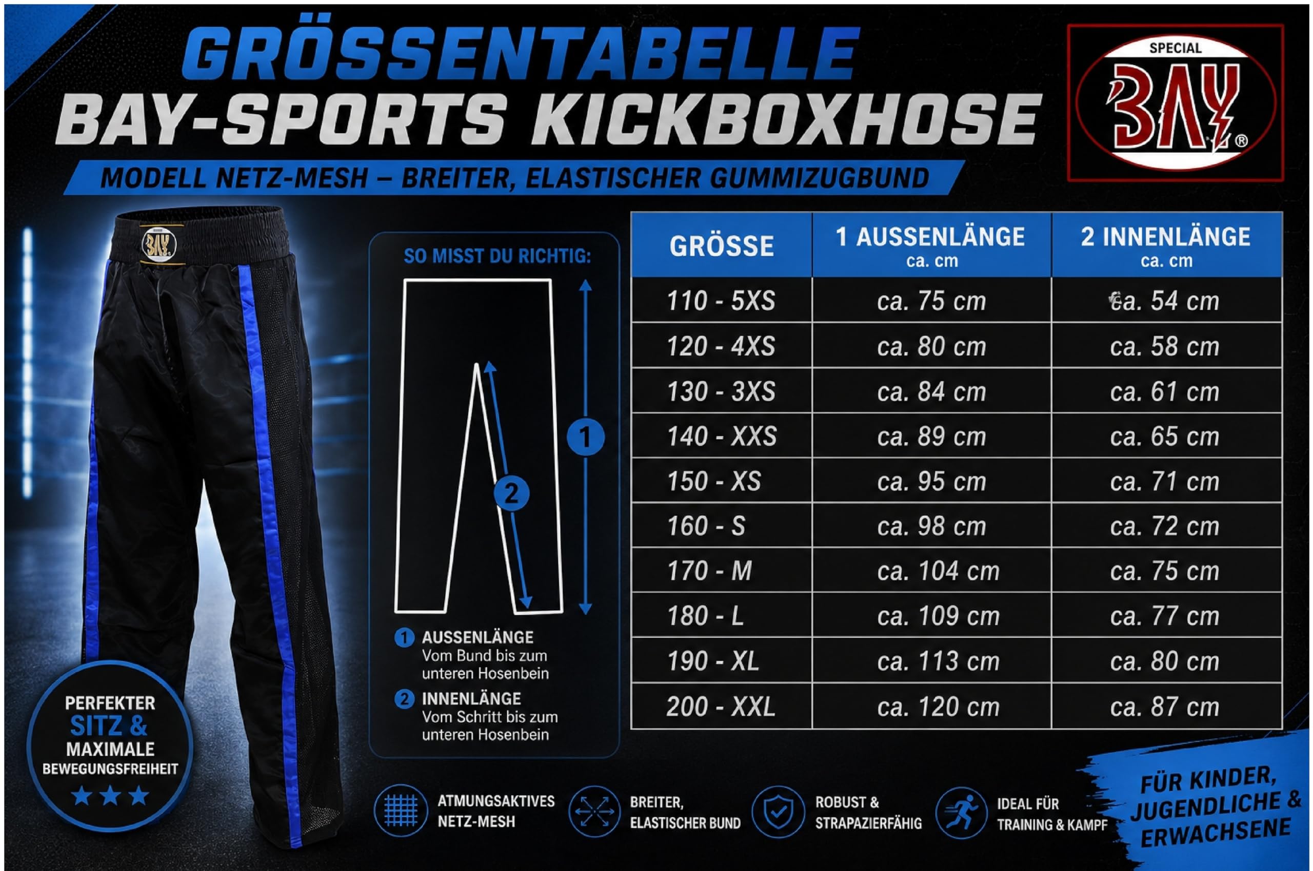Bay Netz Mesh Kickboxhose Kampfsporthose Schwarz lang Mesh-Netzeinsatz Kontraststreifen in Blau seitlich Polyester Erwachsene Damen Herren Kinder Jungen Mädchen Größen 5XS - XXL