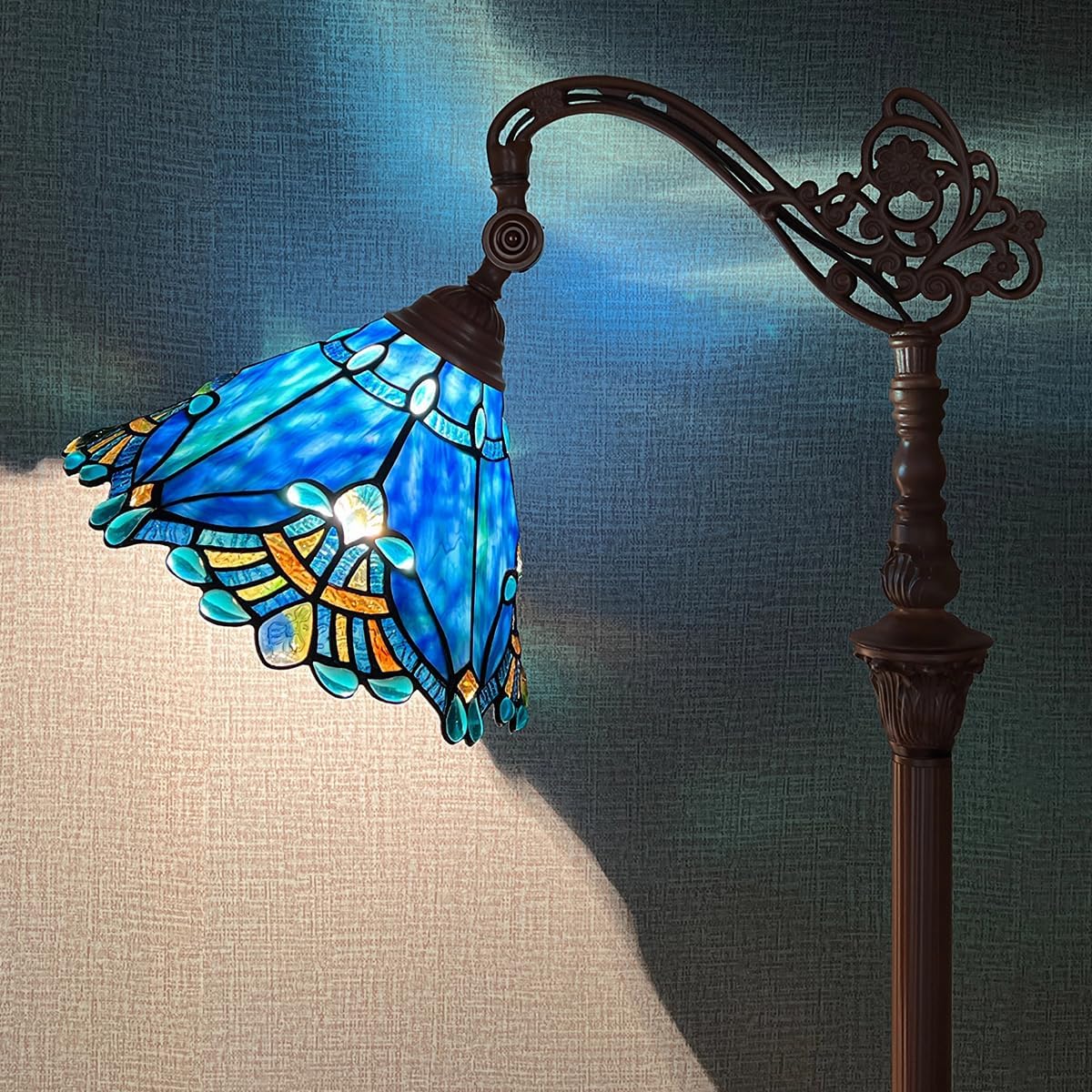 Tiffany Reading Floor Lamp,Blue Stained Glass Vintage Floor Light for Reading,Antique Style Tall Standing Lamp for Living Room Bedroom Office,Adjustable Angles