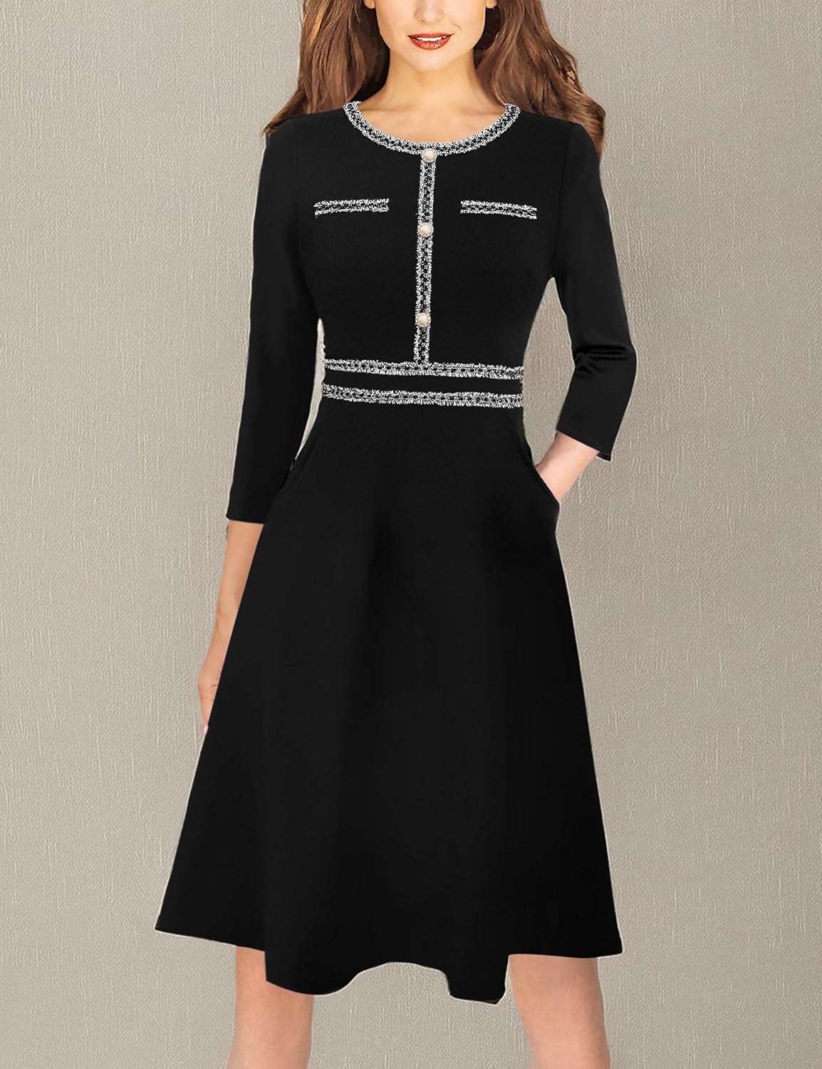 VFSHOW Womens Buttons Pockets Office Business A-Line Dresses 3/4 Sleeves Work Crew Neck Tweed Trim Fit and Flare Swing Dress - Image 7