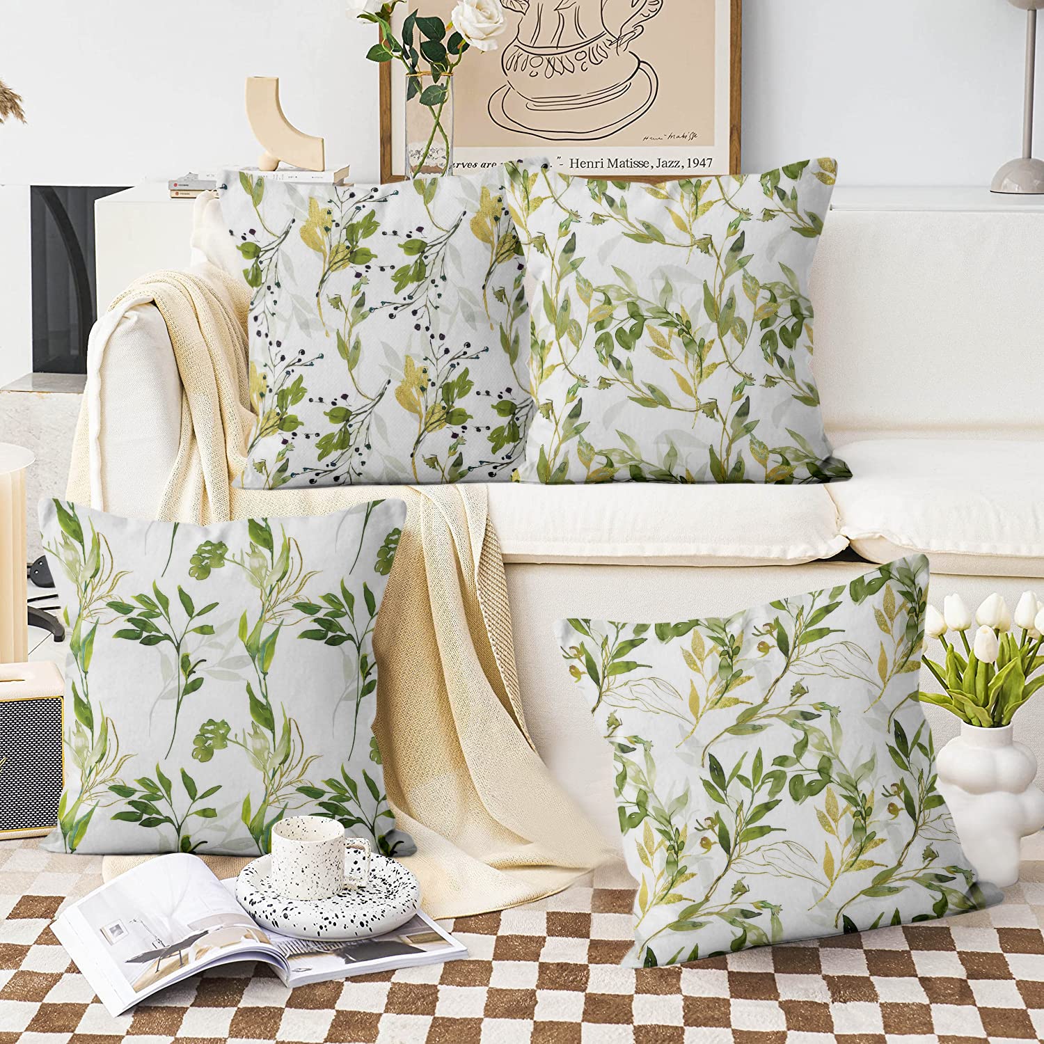 Hnmdmyi Kissenbezug Grün 50x50 4er Set, Gold und Grüne Blätter Pflanze Botanische Dekorative Kissenbezüge Leinen Quadratische Kissenhülle für Sofa Couch Bett Garten Outdoor Home Decor Küche, Haushalt & Wohnen