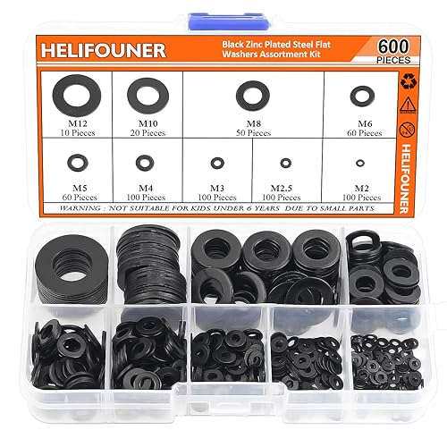 HELIFOUNER 600 piezas de 9 tamaños de arandelas planas de acero chapado en zinc negro (M2 M2.5 M3 M4 M5 M6 M8 M10 M12)