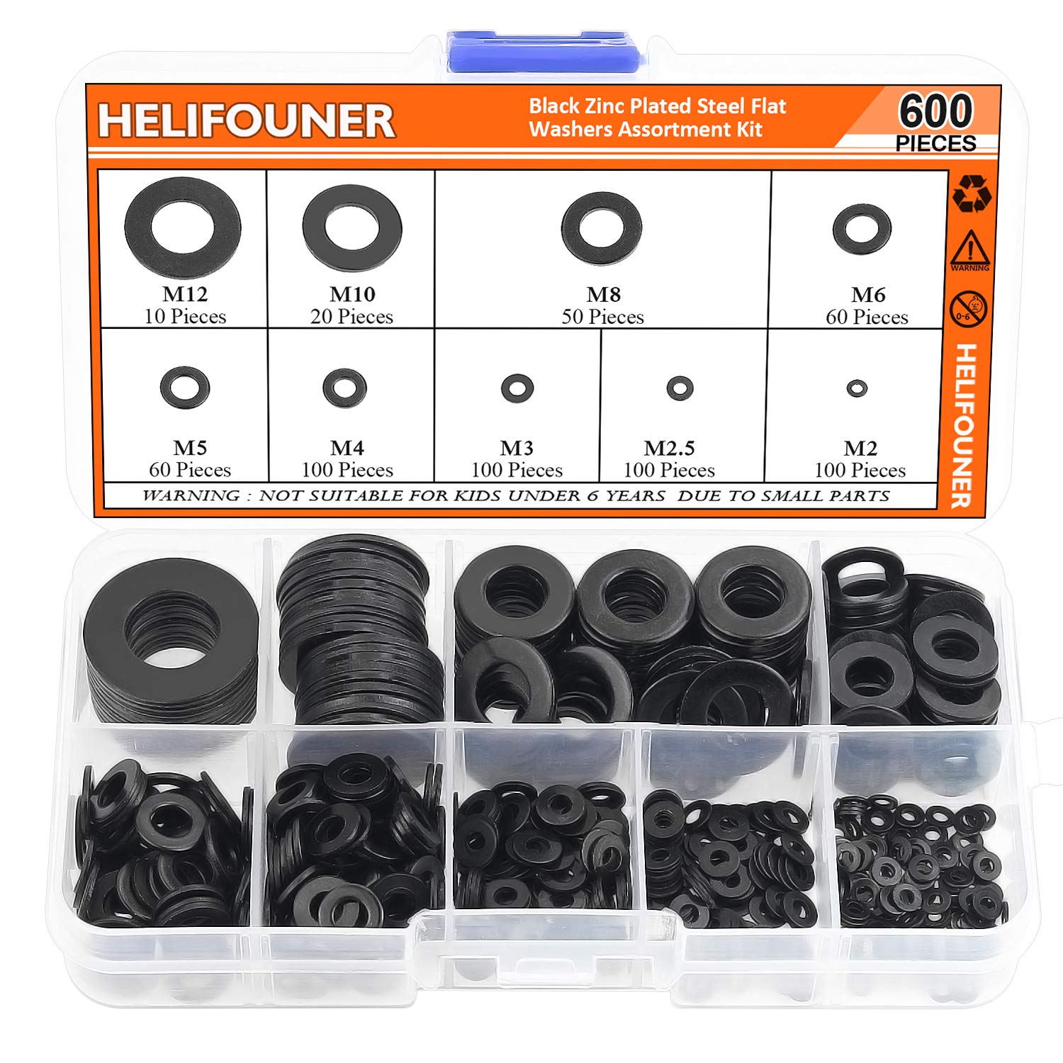 HELIFOUNER 600 arandelas de acero galvanizado disponibles en 9 tamaños (M2, M2,5, M3, M4, M5, M6, M8, M10, M12)