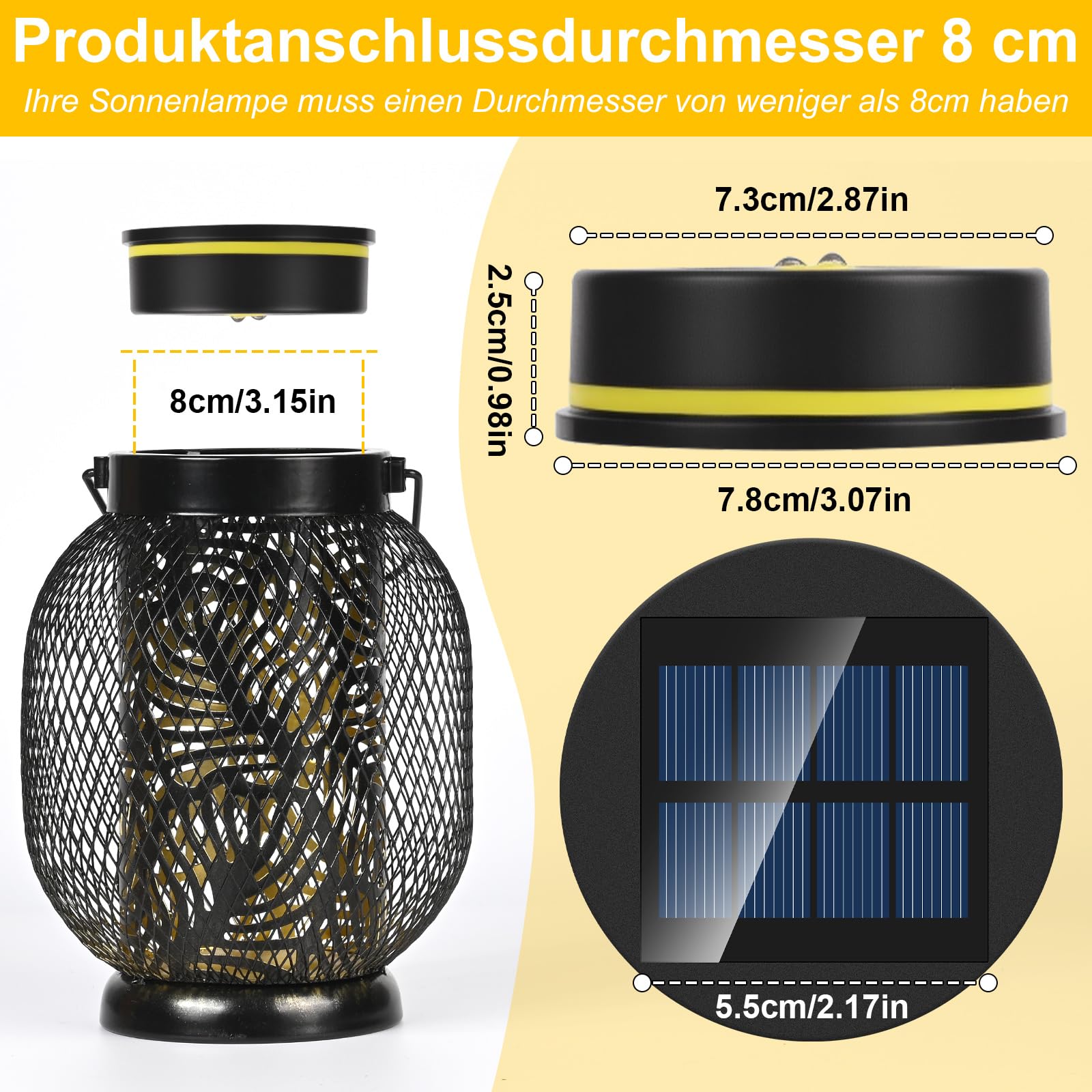 Zestaw 4 lamp solarnych, części zamienne, 8 cm, górna część z jasnymi żarówkami LED, wodoszczelność IP65, panel słoneczny, zamiennik modułu solarnego do lamp ogrodowych, solarnych (4)