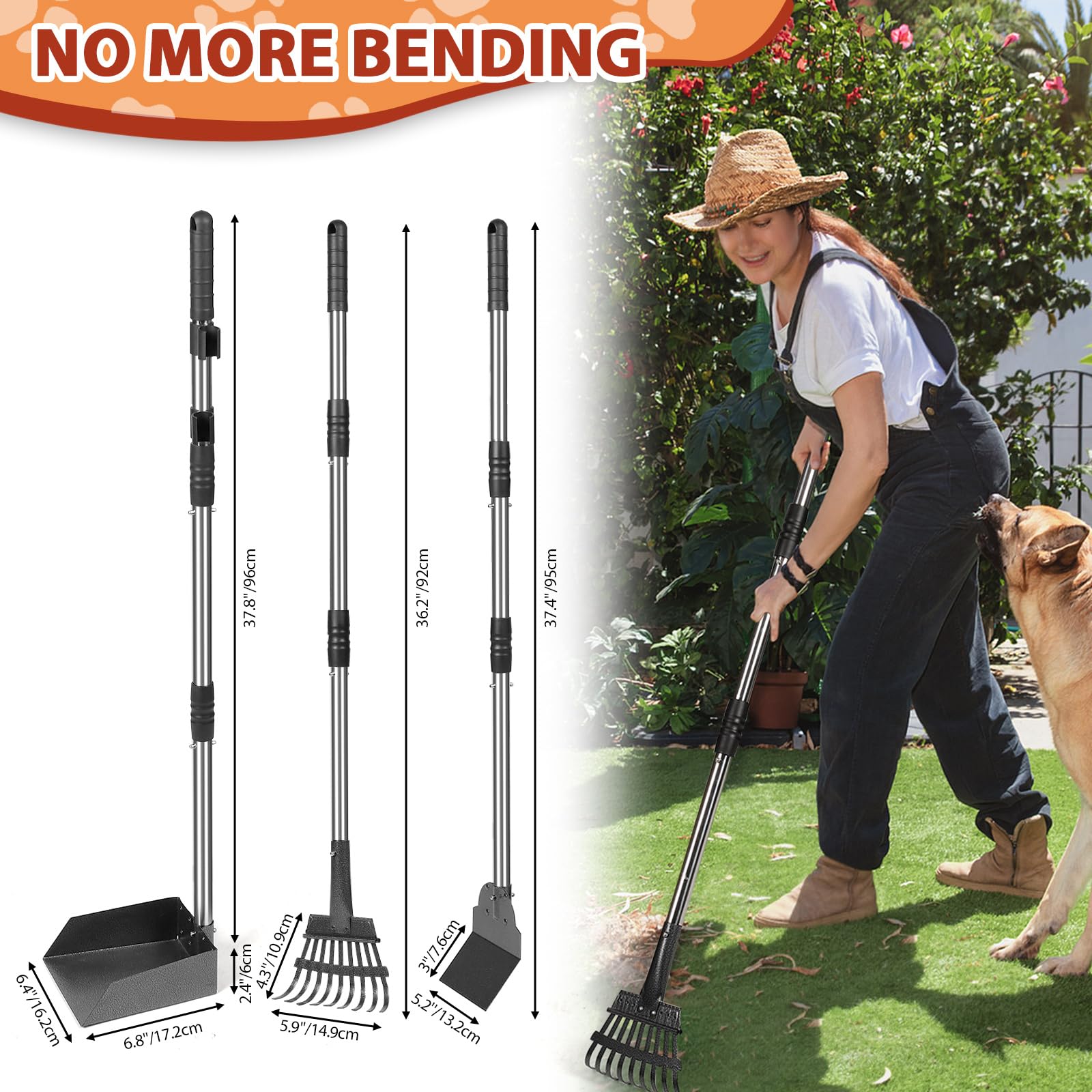 Recogedor de Excrementos para Perros – Mango Largo de 96CM con Bandeja, Rastrillo y Pala – Set de Acero Desmontable para Perros Grandes, Medianos y Pequeños – para Jardín, Césped o Grava