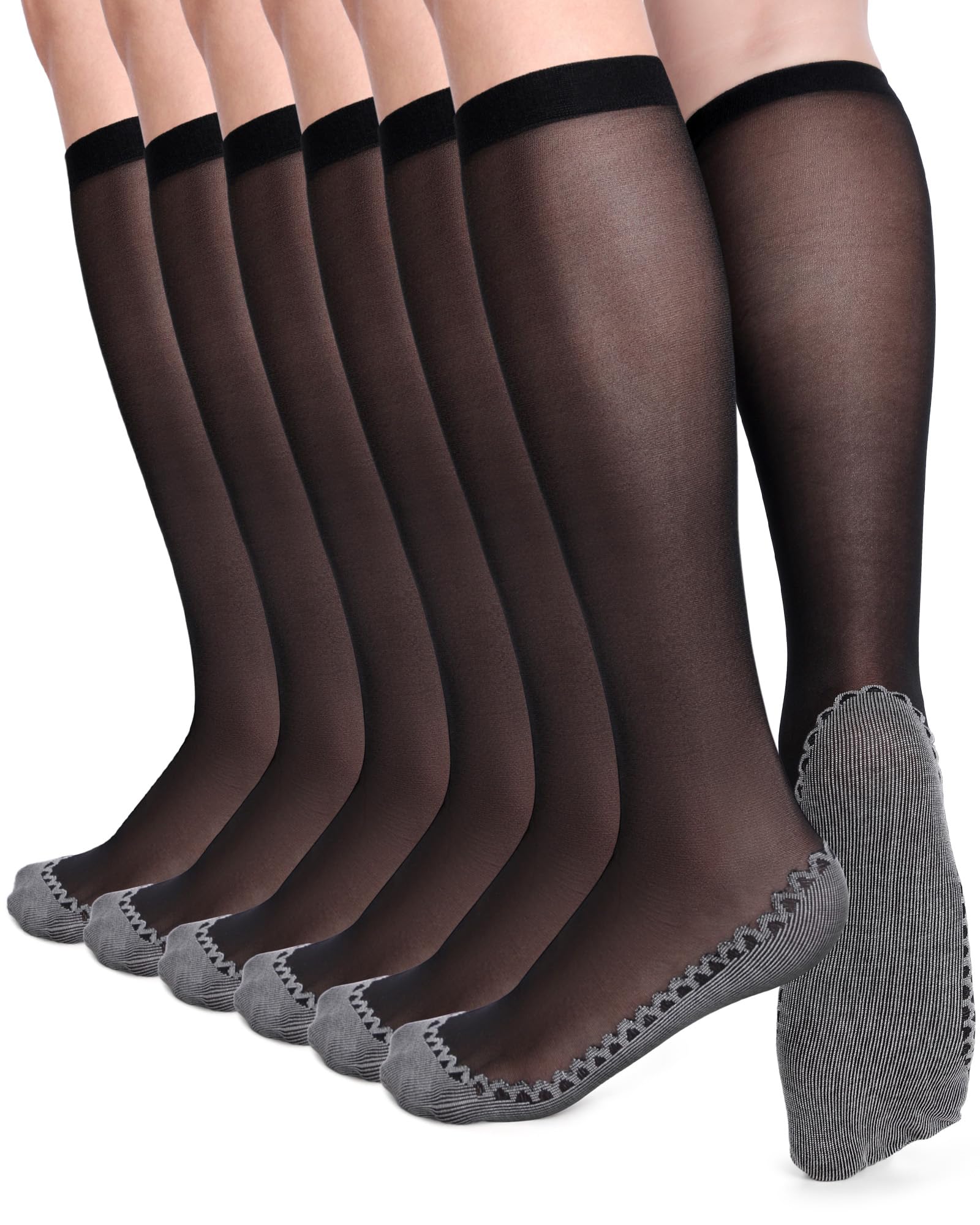 ShinyMatch6 Pairs Women's Sheer Knee High Stockings for Women Transparent Knee Stockings Anti Slip Cotton Sole