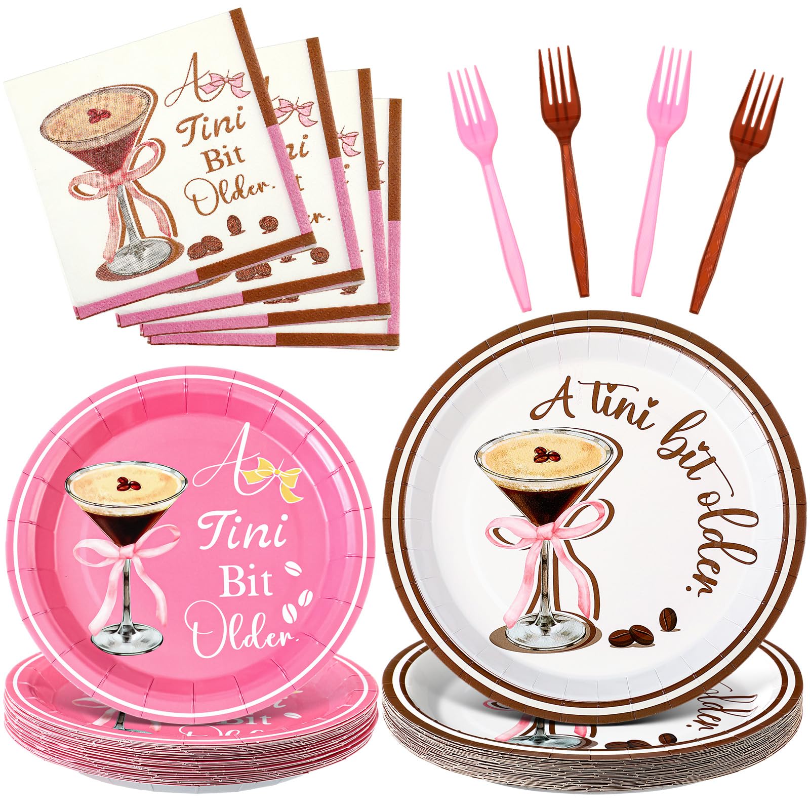 Crtiin 120 Pcs A Tini Bit Older Party Supplies Espresso Martini Disposable Paper Plates Napkins Forks Bachelorette Pink Bow Tableware Martini Birthday