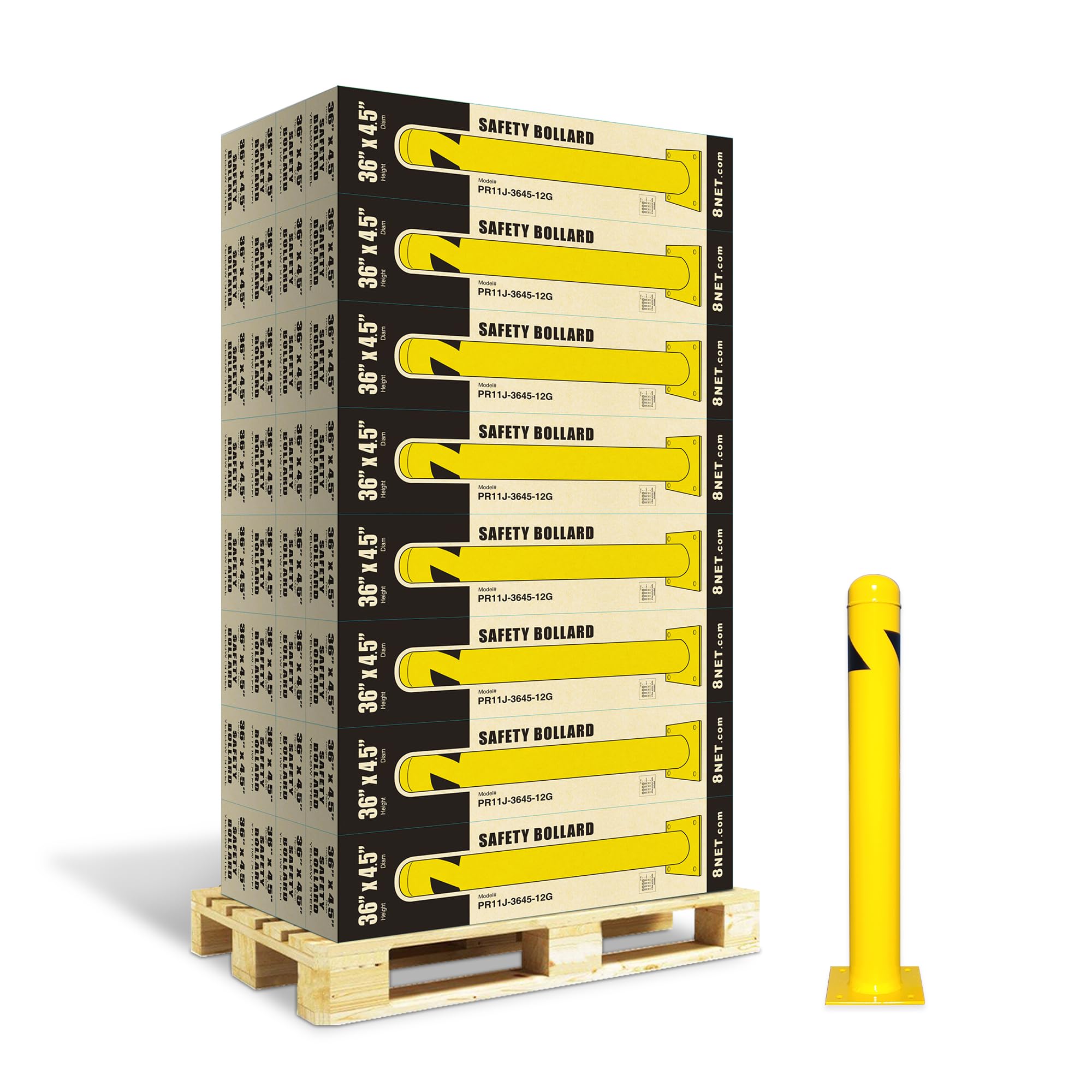 8NET 32 Pack - Safety Bollard 36''H x 4.5''D, 12Ga (2.7 mm), Base-8x8'', with 4 Free Anchor Bolts, Heavy Duty Yellow Powder Coated Safety Parking Barrier Post