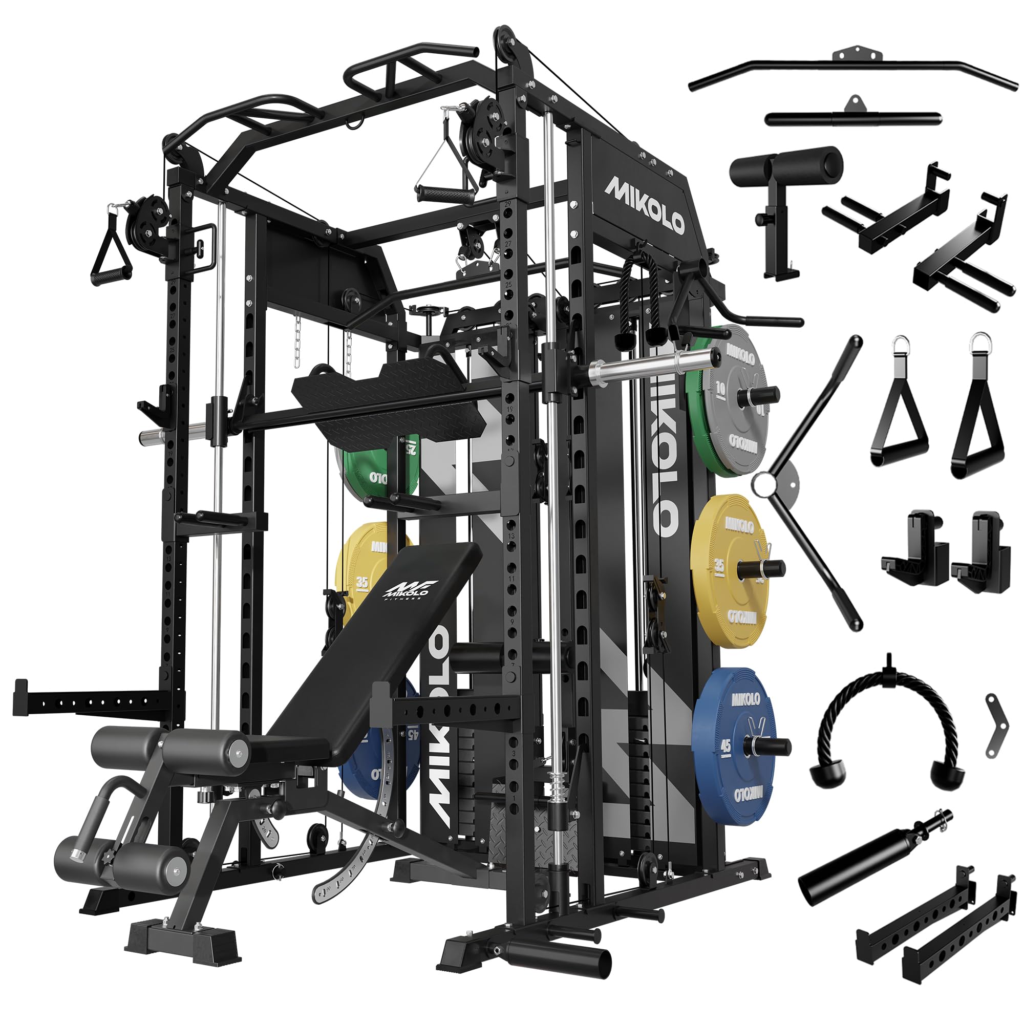 Mikolo Smith Machine with Weight Stack, Power Cage Home Gym System with LAT Pulldown & Cable Crossover, Multi-Functional Trainer with Dual Pulley System, Includes 10+ Free Attachments