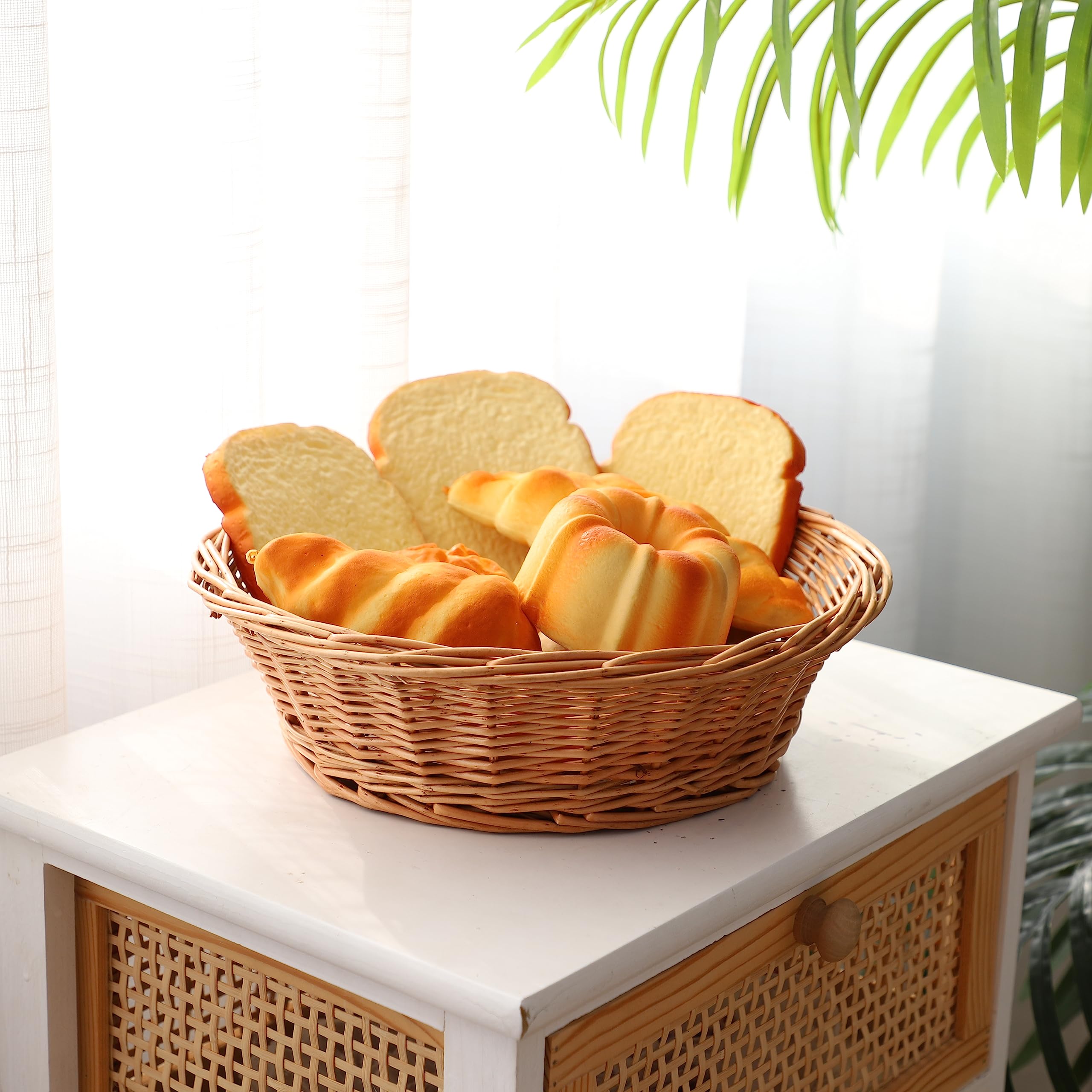 Cesta de mimbre tejida para pan, cesta redonda apilable de ratán natural, cesta de mesa para alimentos, frutas y verduras (redonda, 2 piezas)