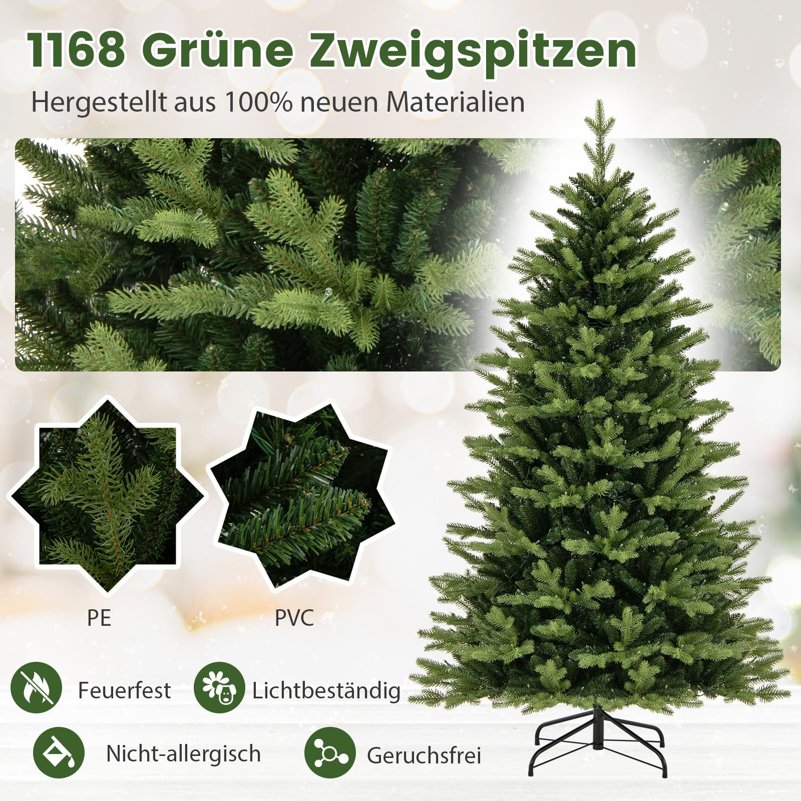 COSTWAY Sztuczna Choinka 150/180 cm z Oświetleniem LED, Podświetlana Bożonarodzeniowa z 11 Trybami Świecenia, Wielokolorowa i Ciepła Biel, Do Domu, Biura