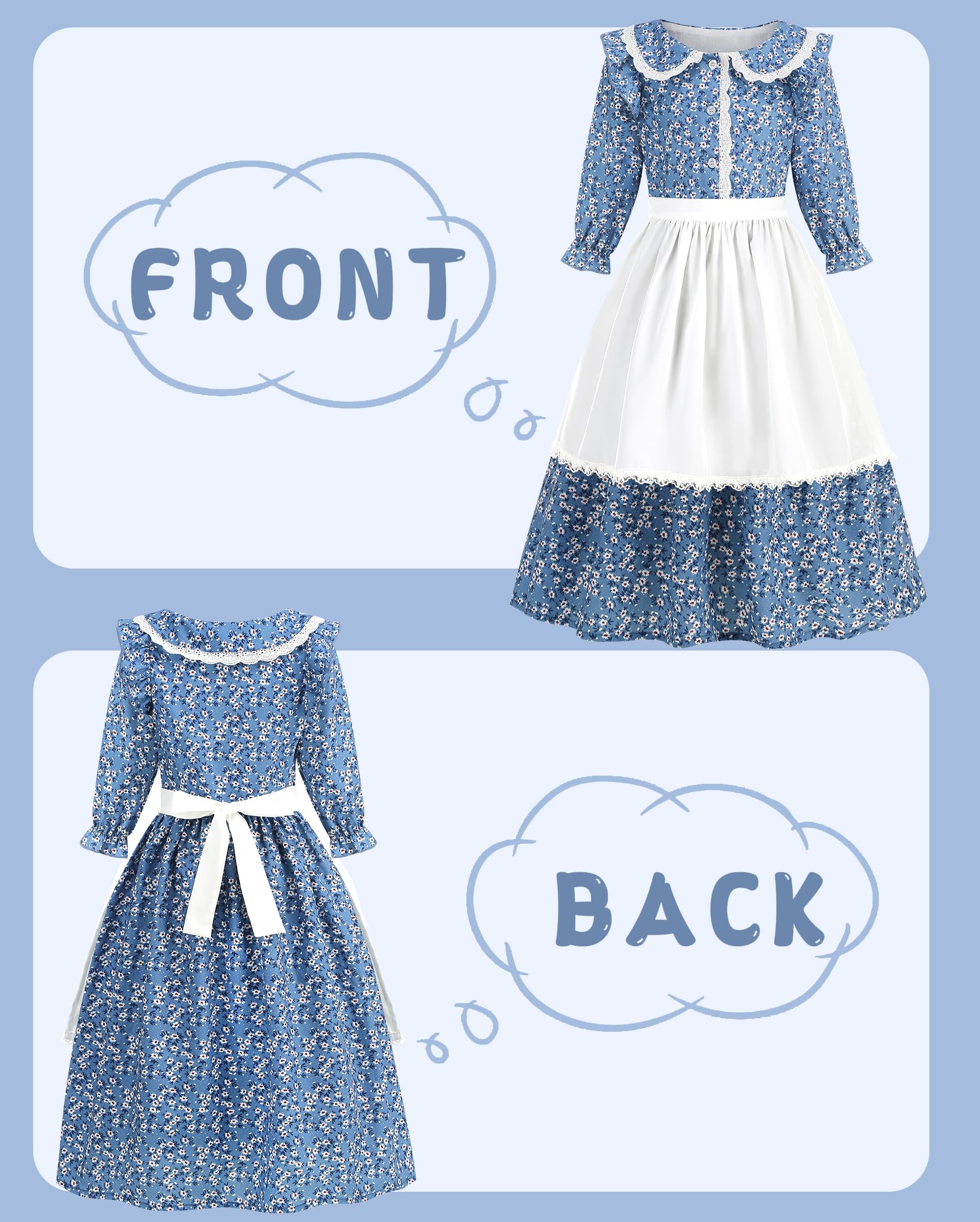 Aoiviss Girls Pioneer Costume Floral Colonial Prairie Dress for Little Kids with Apron and Bonnet, Blue