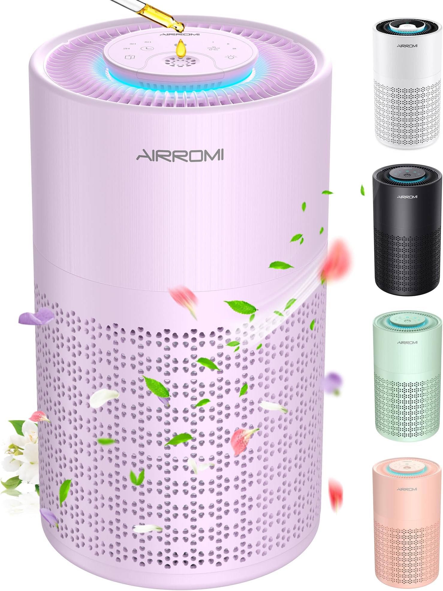 AIRROMI Air Purifier for Bedroom with HEPA 3-in-1 Filter, Pet Air Purifier for Home Cat Pee Smell, Covers Upto 990 Ft², Quiet 360°intake Air Cleaner for Pet Hair,Allergies,Pollen,Smoke A2001 Purple