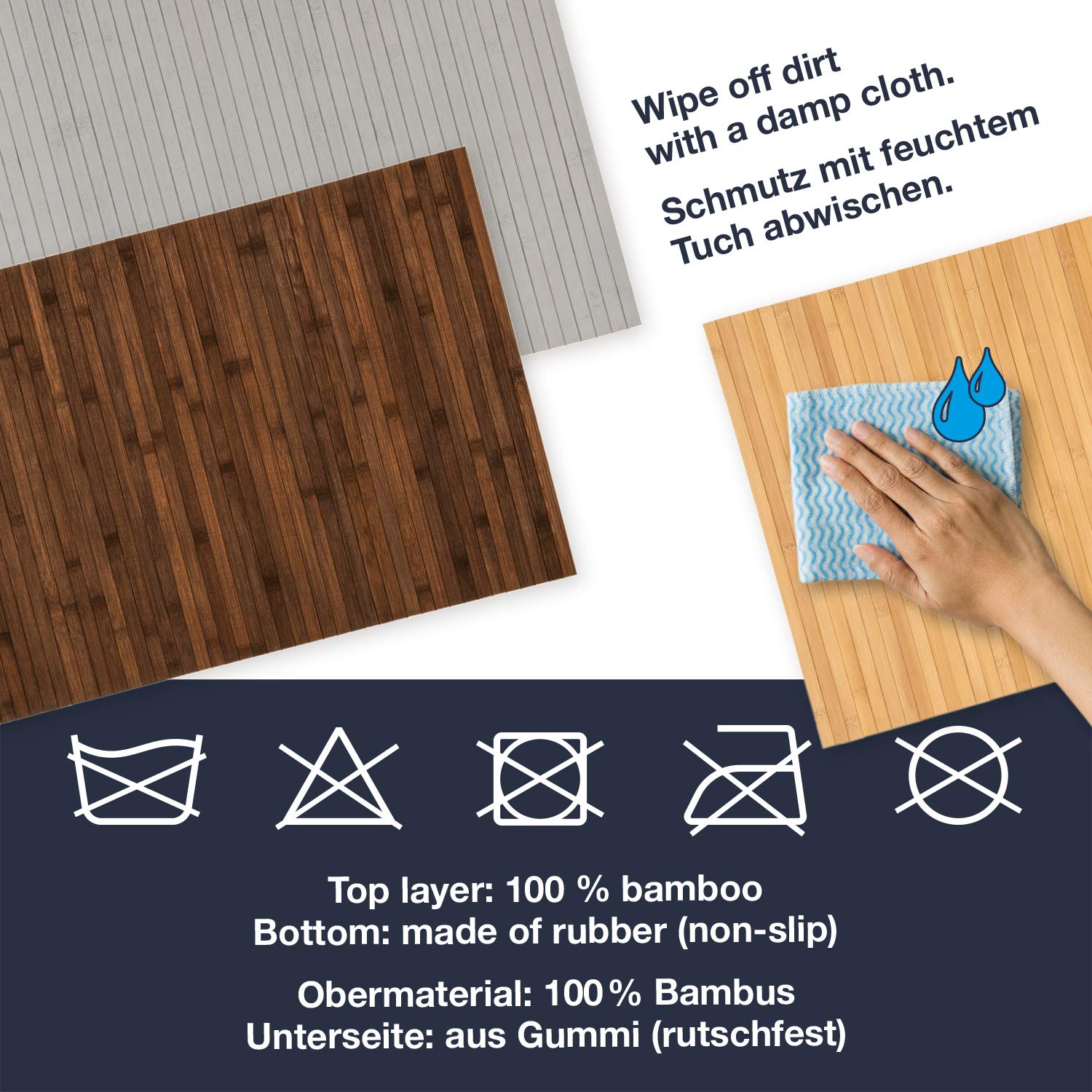 WohnDirect Tapis en Bambou Durable 50x280 - Tapis de Bain - Tapis de Bain antidérapant - 100% Bambou Surface - Tapis de Douche