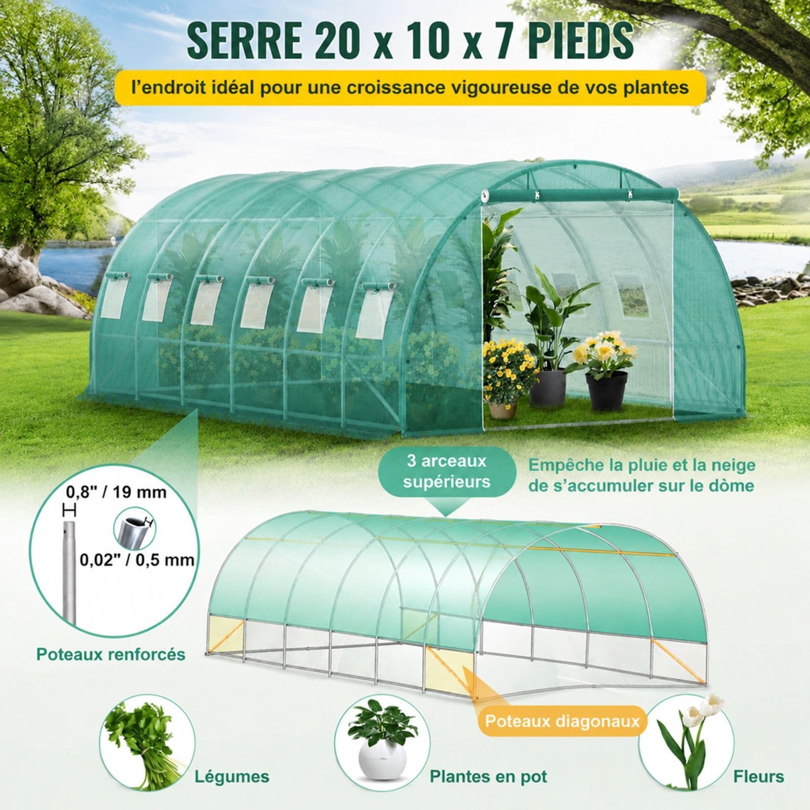 Serre Tunnel avec Cadre en Acier, Verte, 12 fenêtres, pour Plantes de Jardin
