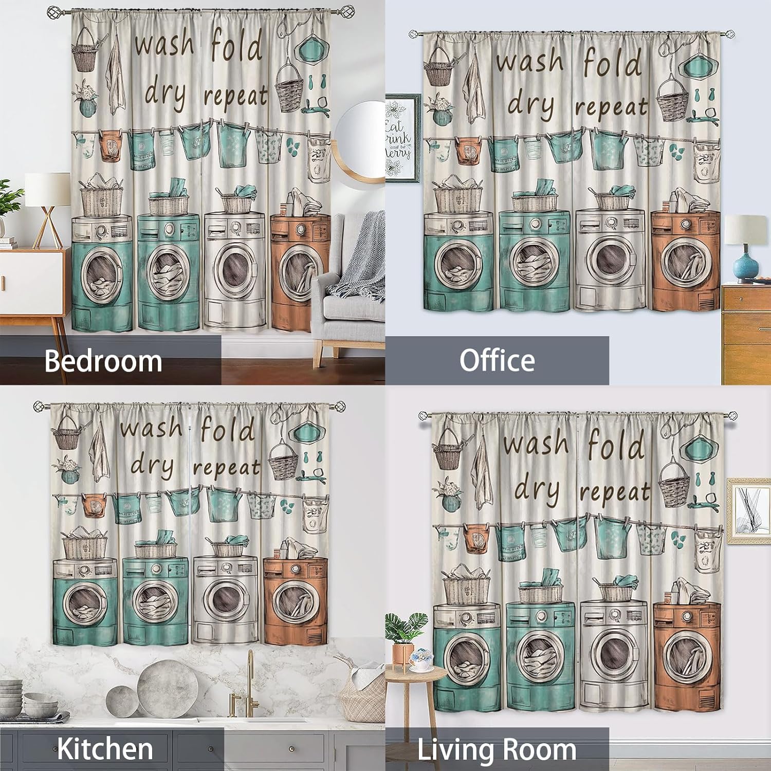 Laundry Room Curtains for Bedroom 2 Panels Set,Privacy Uv Protection Dry Wash Fold Repeat Farmhouse Curtain Blackout Thermal Insulated Room Darkening Rod Pocket Curtains for Living Room,42 x 45 Inch