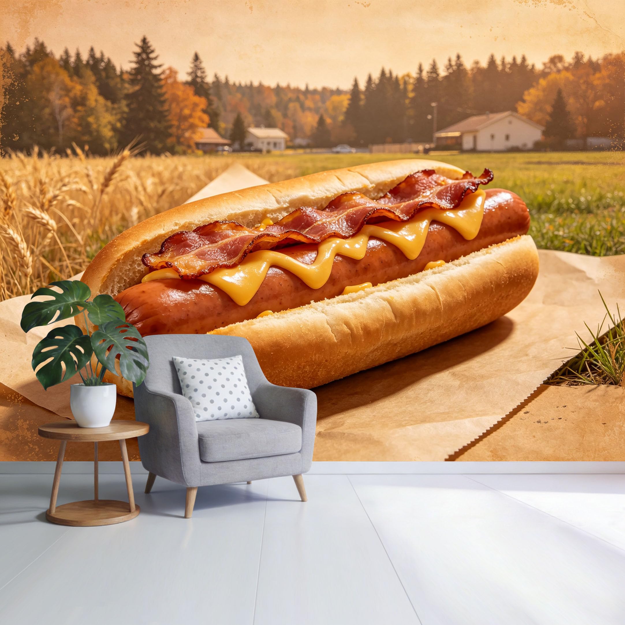 Custom Size Wall Mural Bacon Cheese Hot Dog Rustic Farmhouse Landscape SelfAdhesive Wall Fabric Removable Wallpaper for Home Office Decor