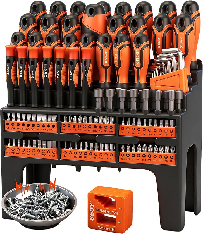 Juego de destornilladores magnéticos de 124 piezas con estantes de plástico, destornilladores de precisión, magnetizador, desmagnetizador, llaves Allen, destornilladores para tuercas, mangos de trinquete, enchufes y más - Herramientas de bricolaje para hombres, herramientas de regalo