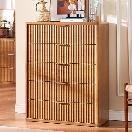 LEYAOYAO Fluted 5 Drawers Dresser for Bedroom, 41" Tall Modern Chest of Drawers with Metal Handle, Curved Profile Farmhouse Closet Organizer Wood Dressers TV Stand for Living Room, Hallway, Navy Blue