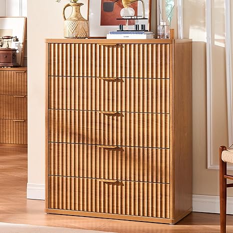 LEYAOYAO Fluted 5 Drawers Dresser for Bedroom, 41" Tall Modern Chest of Drawers with Metal Handle, Curved Profile Farmhouse Closet Organizer Wood Dressers TV Stand for Living Room, Hallway, Navy Blue