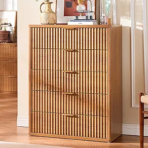 LEYAOYAO Fluted 5 Drawers Dresser for Bedroom, 41" Tall Modern Chest of Drawers with Metal Handle, Curved Profile Farmhouse Closet Organizer Wood Dressers TV Stand for Living Room, Hallway, Navy Blue