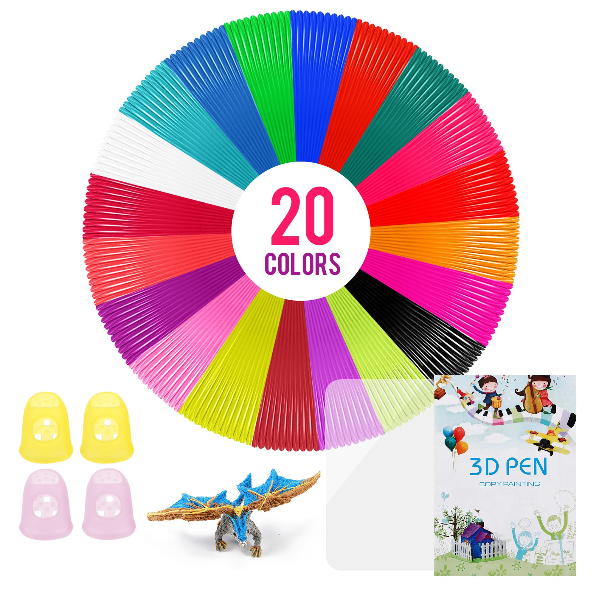 Filamento Boligrafo 3D,20 Colores,Lapiz 3D 1,75mm PLA Filamento,Viene con folleto 3D y 4 protectores de dedos,Adecuado para bolígrafo de impresora 3D,adecuado para dibujo 3D para niños y principiantes