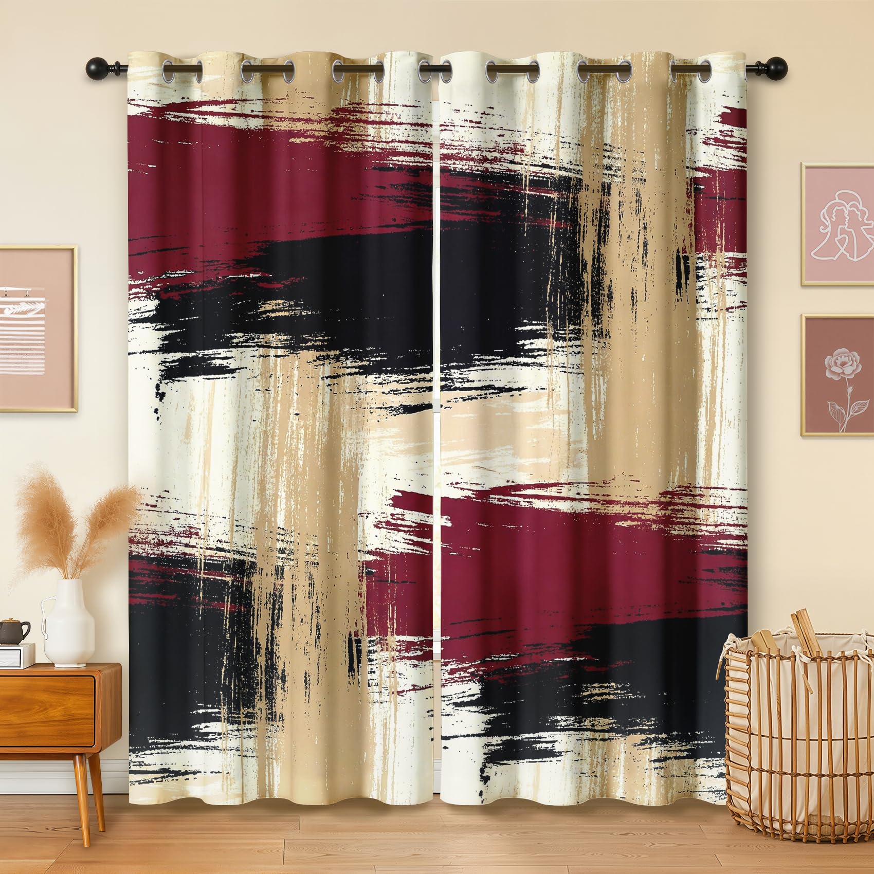 Havenix Modern Burgundy and Cream Blackout Curtains for Bedroom Living Room, Eyelet Curtains 90x90, Thermal Insulated Drapes for Windows, Abstract Art Patterned Window Treatments, 2 Panels