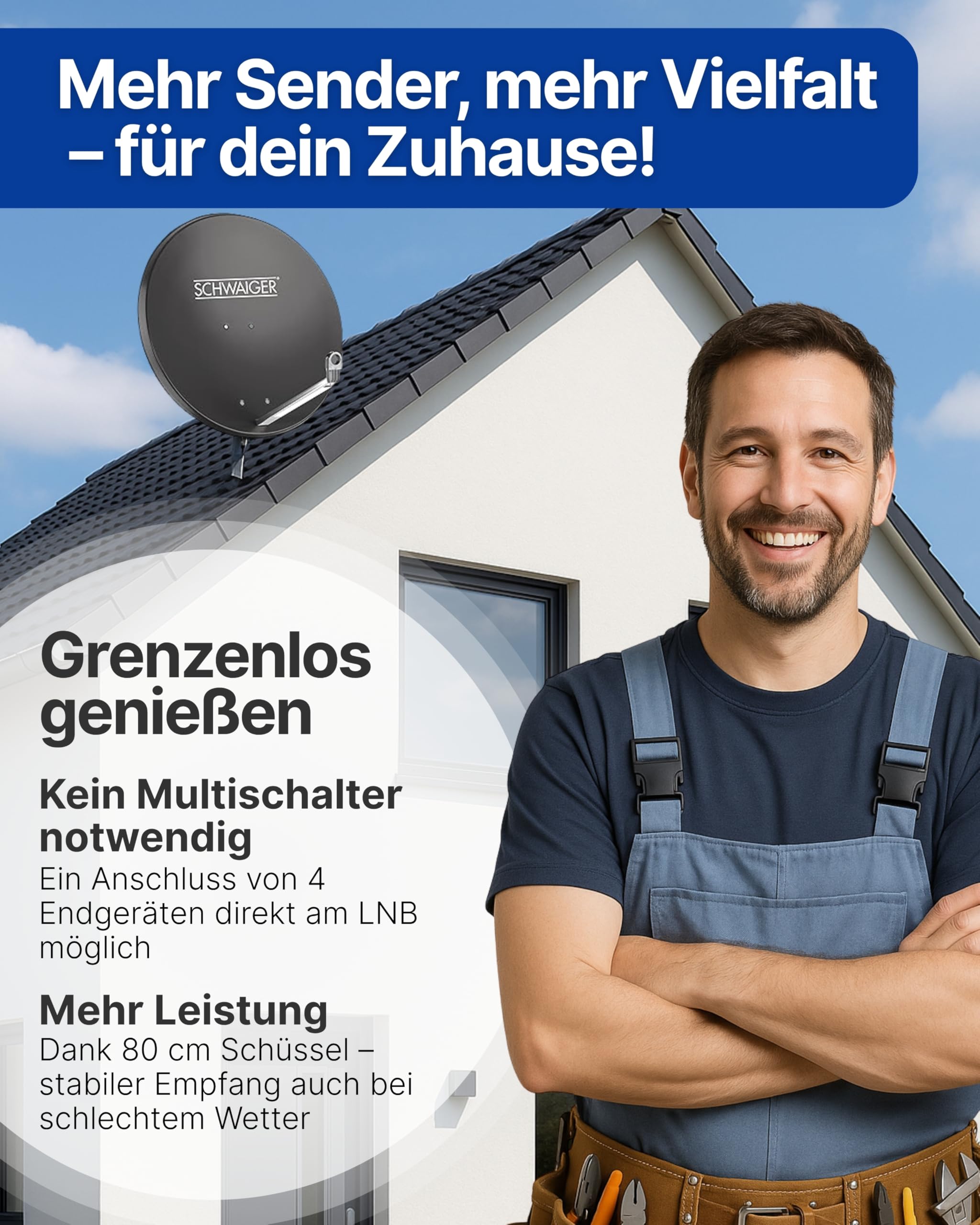 SCHWAIGER Satellitenschüssel Ø 80 cm Aluminium Offset Antenne Anthrazit Quad LNB 4-Fach Digital HD 4K Empfang wetterfest