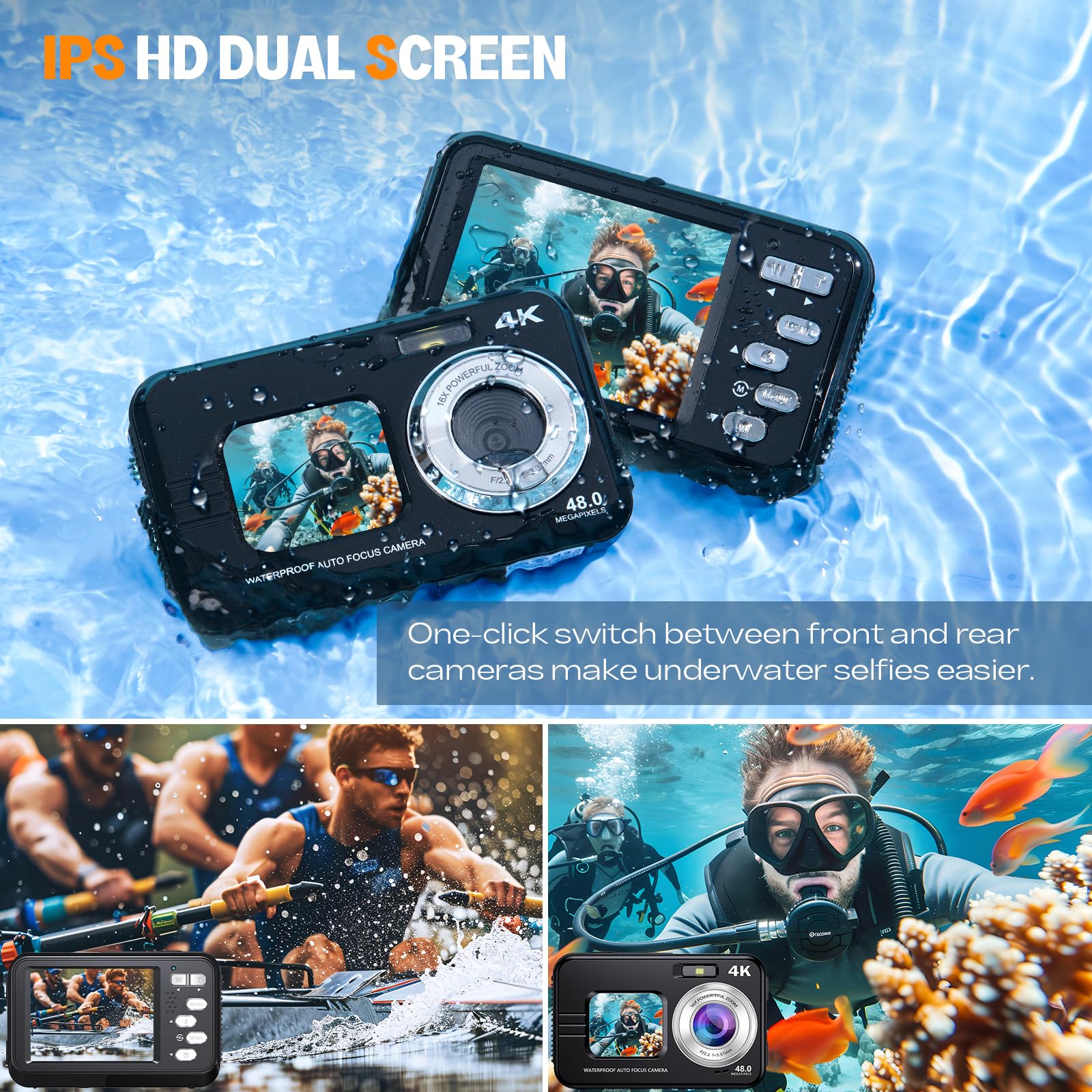 Amazon.co.jp: HICSHON 水中カメラ、自撮りデュアルスクリーン 4K 48MP