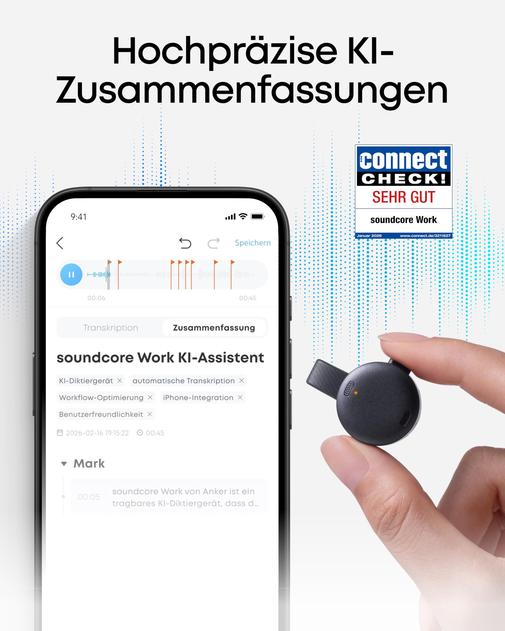 soundcore Work by Anker KI Voice Recorder, Digitales Diktiergerät mit KI Schreibfunktion und Spracherkennung, 150+ Sprachen, kombinierte Protokolle für Meetings und Vorlesungen, MFi-Zertifiziert 8GB